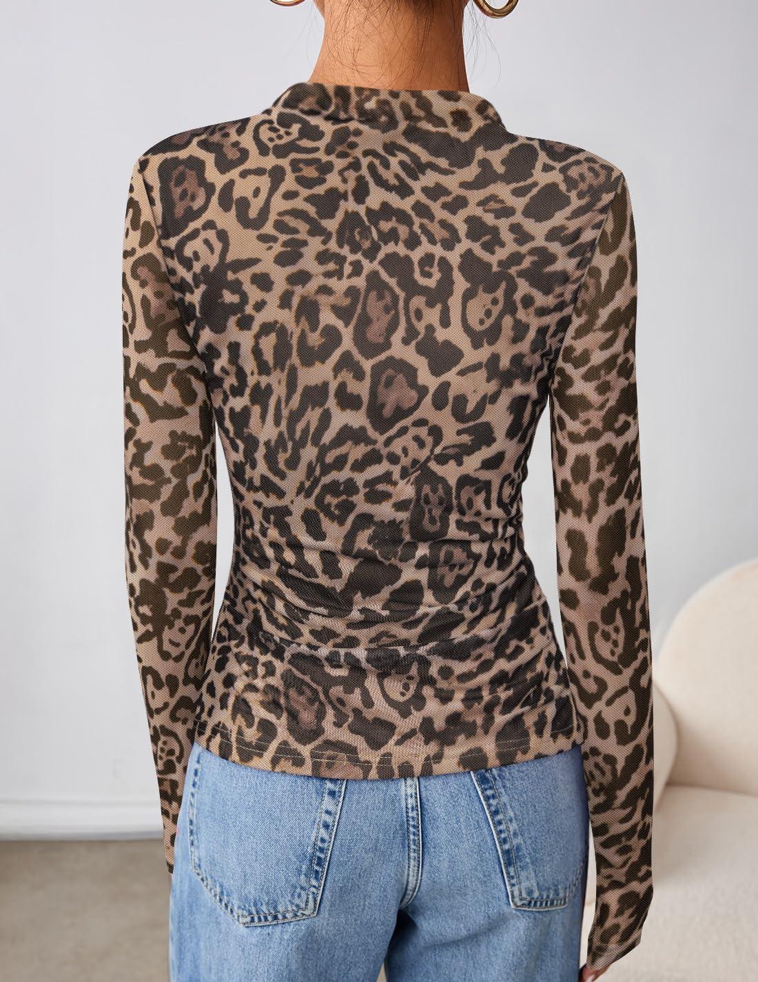 imageZESICA Floral Long Sleeve Tops for Women Spring Mesh Mock Neck Ruched Fitted Shirts Going Out Blouses Trendy ClothesLeopard Brown