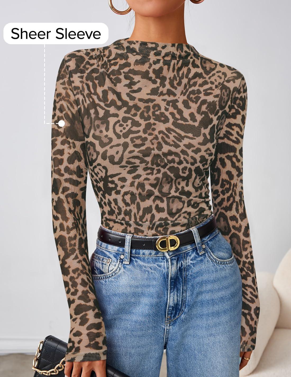 imageZESICA Floral Long Sleeve Tops for Women Spring Mesh Mock Neck Ruched Fitted Shirts Going Out Blouses Trendy ClothesLeopard Brown