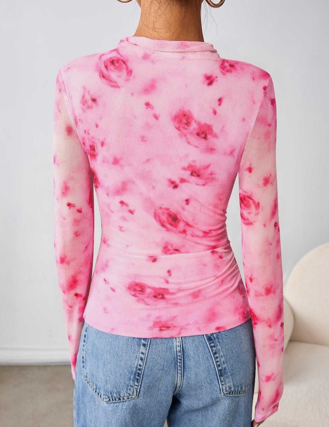 imageZESICA Floral Long Sleeve Tops for Women Spring Mesh Mock Neck Ruched Fitted Shirts Going Out Blouses Trendy ClothesPink