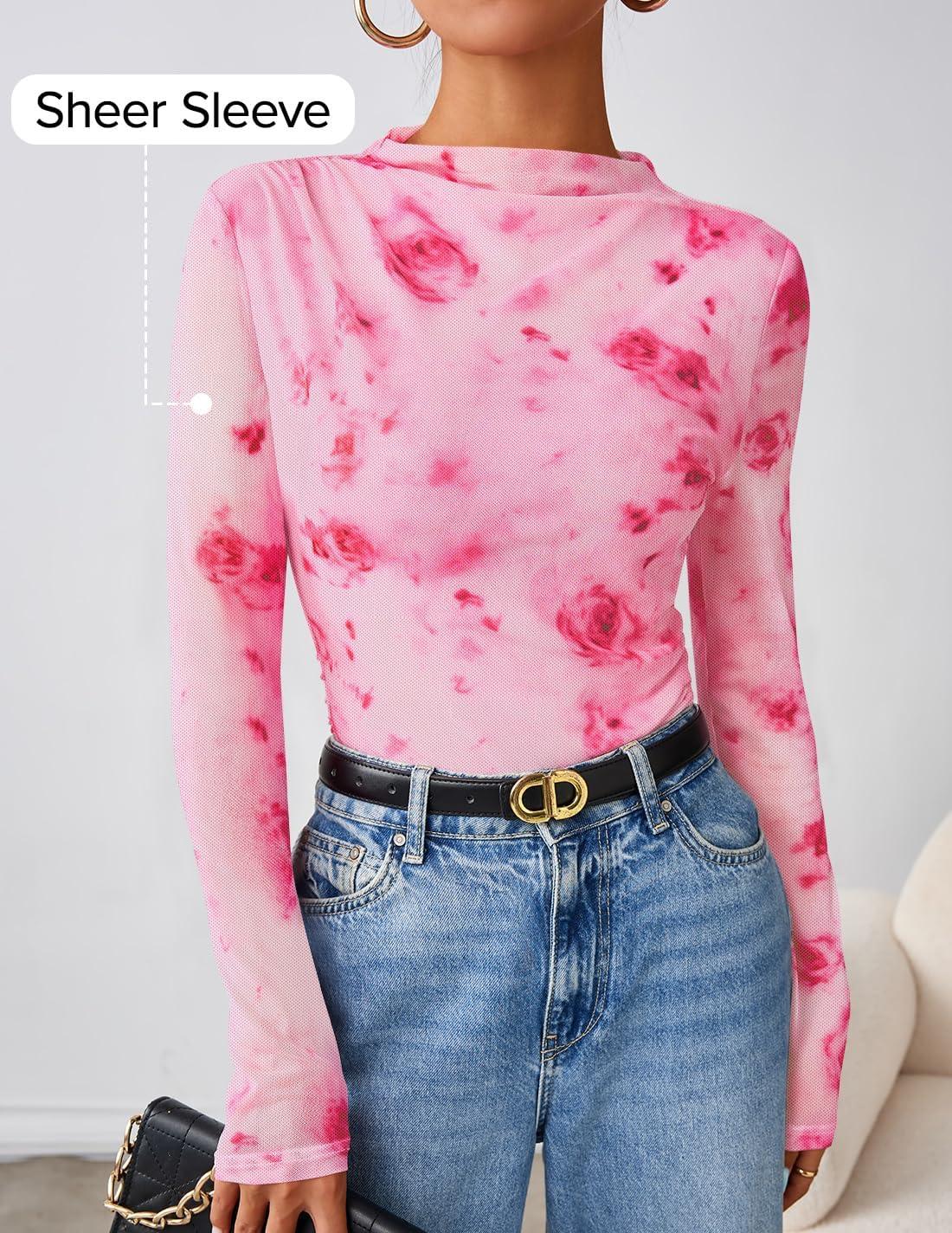 imageZESICA Floral Long Sleeve Tops for Women Spring Mesh Mock Neck Ruched Fitted Shirts Going Out Blouses Trendy ClothesPink