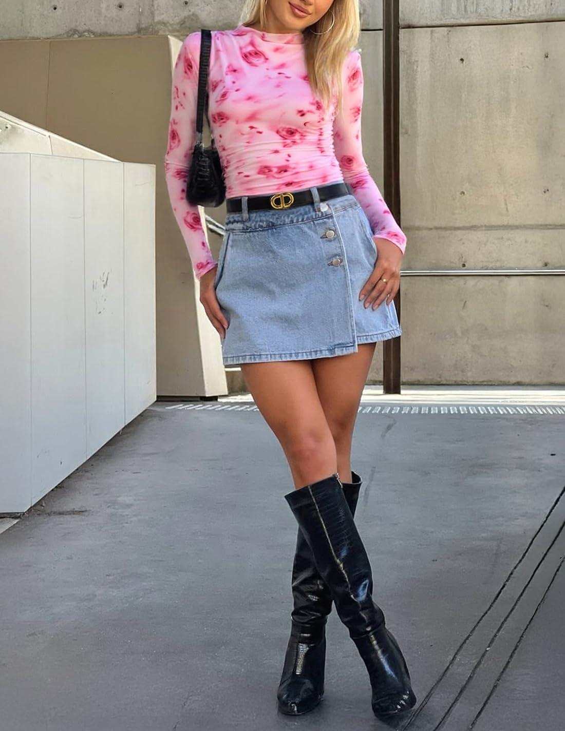 imageZESICA Floral Long Sleeve Tops for Women Spring Mesh Mock Neck Ruched Fitted Shirts Going Out Blouses Trendy ClothesPink