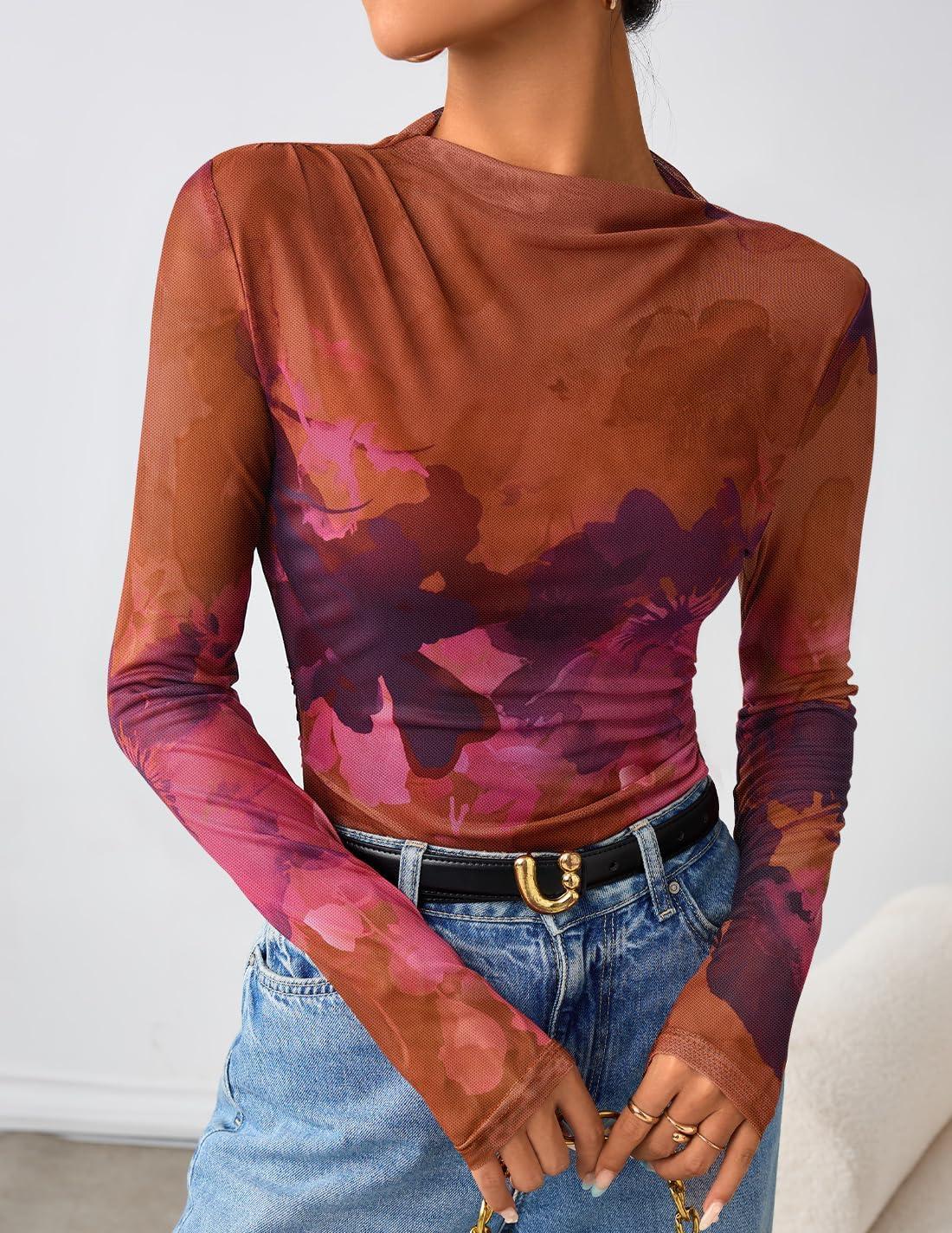 imageZESICA Floral Long Sleeve Tops for Women Spring Mesh Mock Neck Ruched Fitted Shirts Going Out Blouses Trendy ClothesPurple