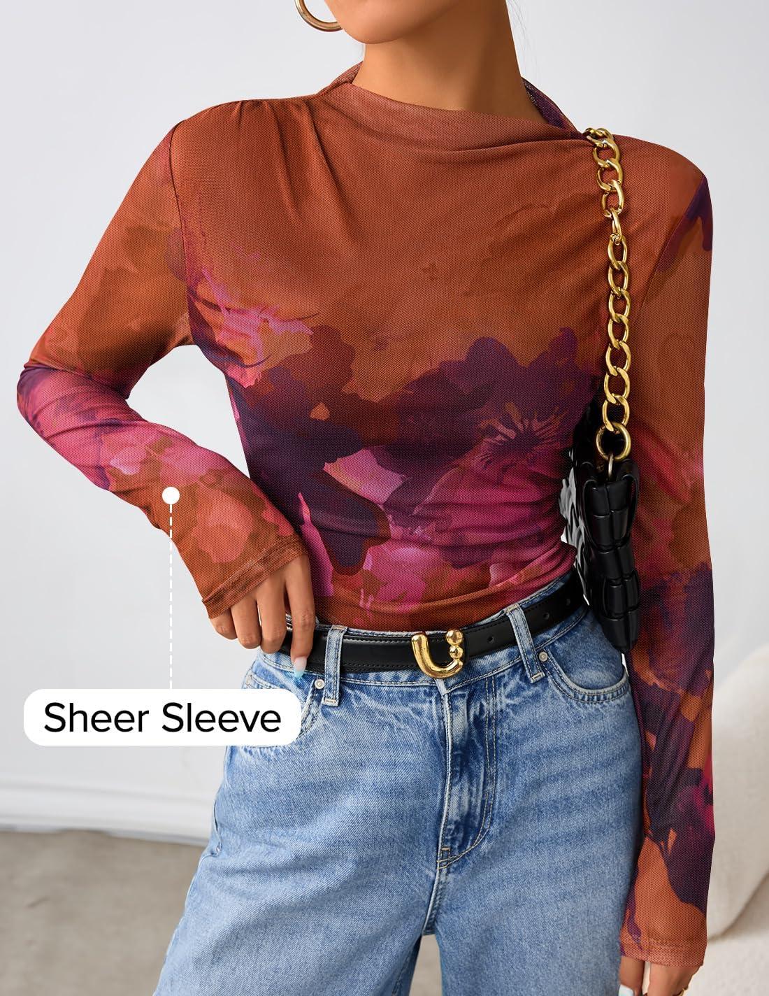 imageZESICA Floral Long Sleeve Tops for Women Spring Mesh Mock Neck Ruched Fitted Shirts Going Out Blouses Trendy ClothesPurple