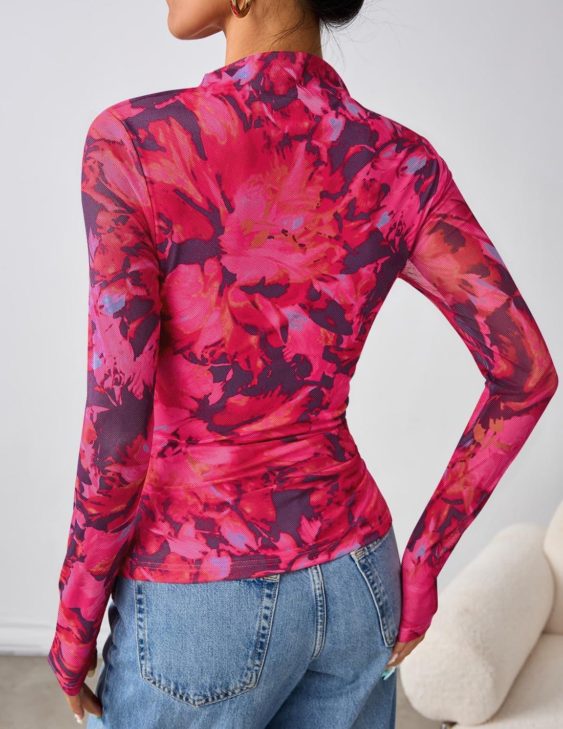 imageZESICA Floral Long Sleeve Tops for Women Spring Mesh Mock Neck Ruched Fitted Shirts Going Out Blouses Trendy ClothesRose