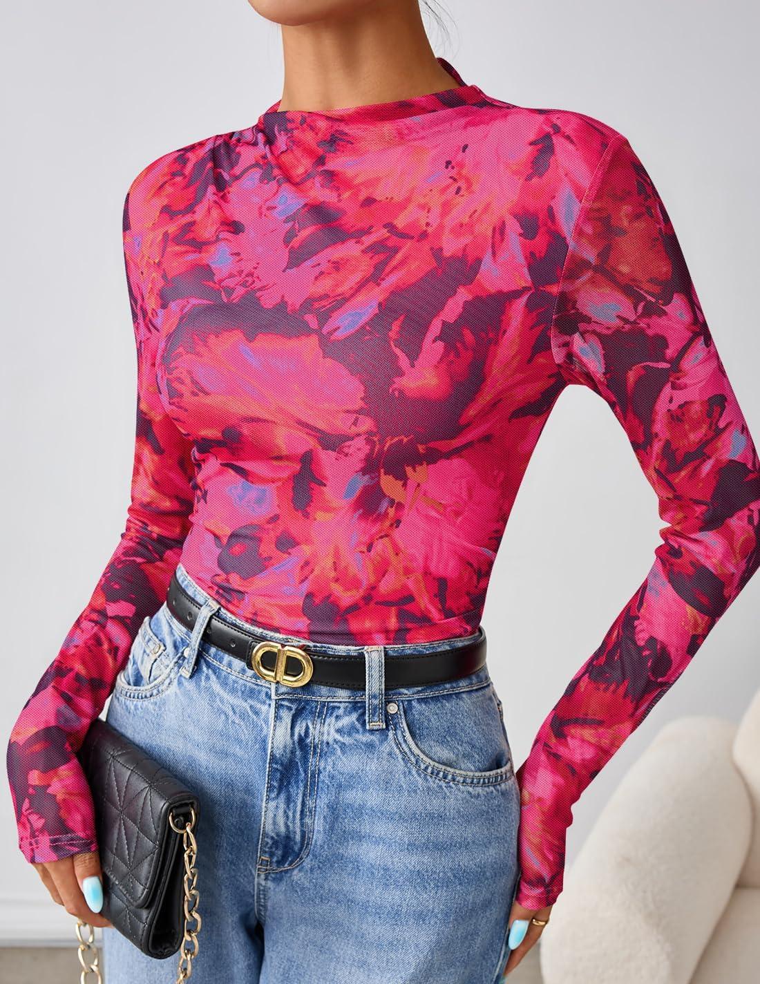 imageZESICA Floral Long Sleeve Tops for Women Spring Mesh Mock Neck Ruched Fitted Shirts Going Out Blouses Trendy ClothesRose