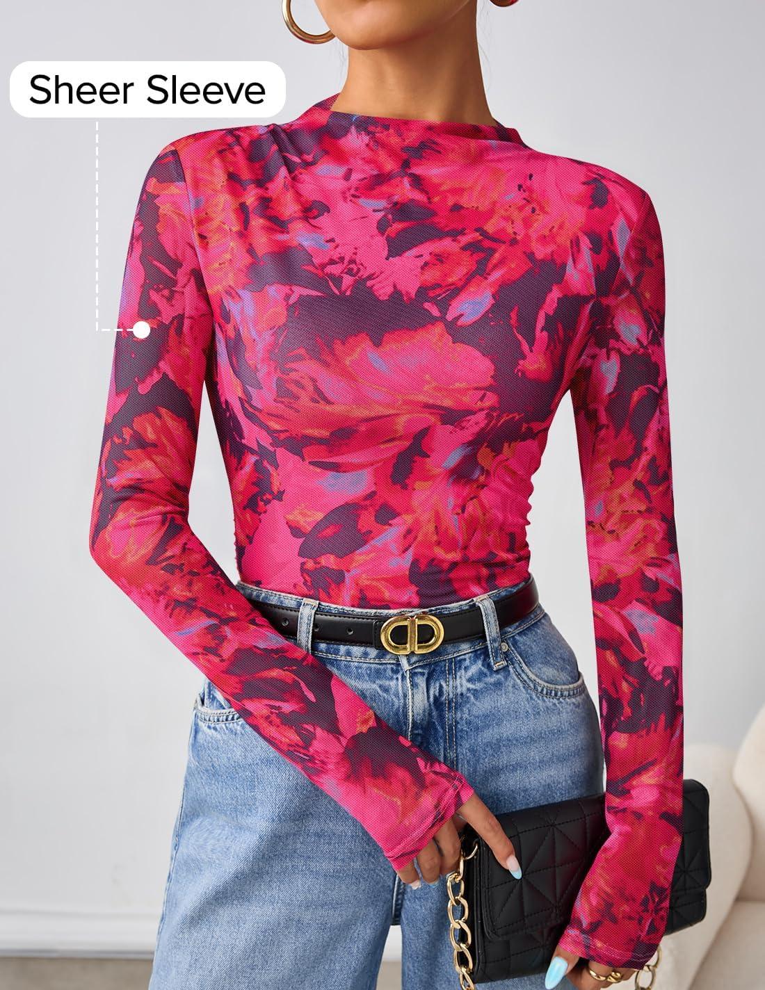 imageZESICA Floral Long Sleeve Tops for Women Spring Mesh Mock Neck Ruched Fitted Shirts Going Out Blouses Trendy ClothesRose