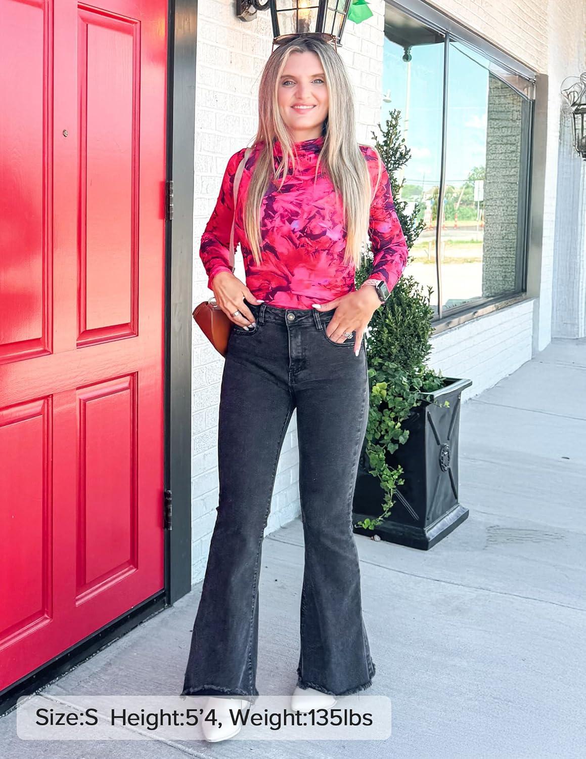 imageZESICA Floral Long Sleeve Tops for Women Spring Mesh Mock Neck Ruched Fitted Shirts Going Out Blouses Trendy ClothesRose