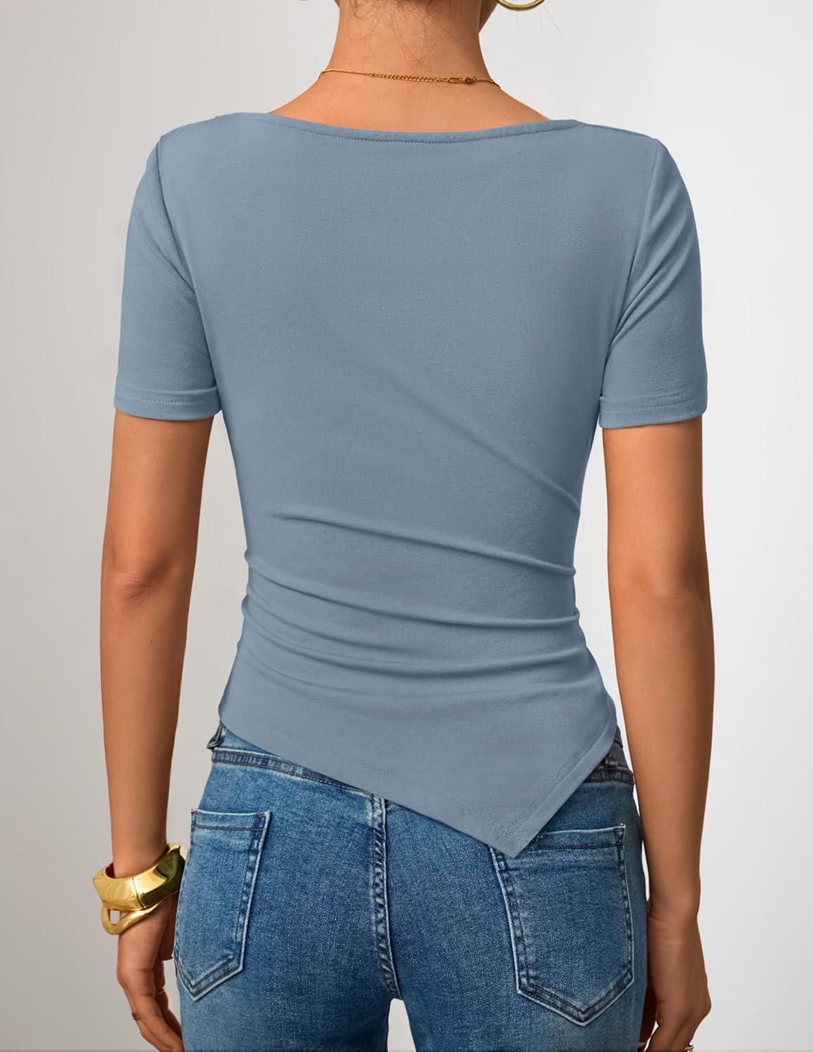 imageZESICA Ribbed Short Sleeve Shirts for Women 2026 Summer Fashion Going Out Tops Asymmetrical Ruched Outfits Y2K ClothesBlue