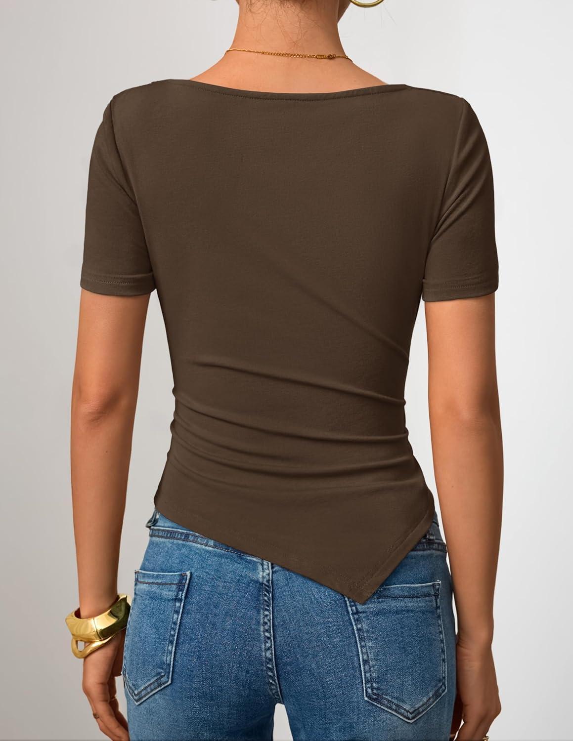 imageZESICA Ribbed Short Sleeve Shirts for Women 2026 Summer Fashion Going Out Tops Asymmetrical Ruched Outfits Y2K ClothesBrown