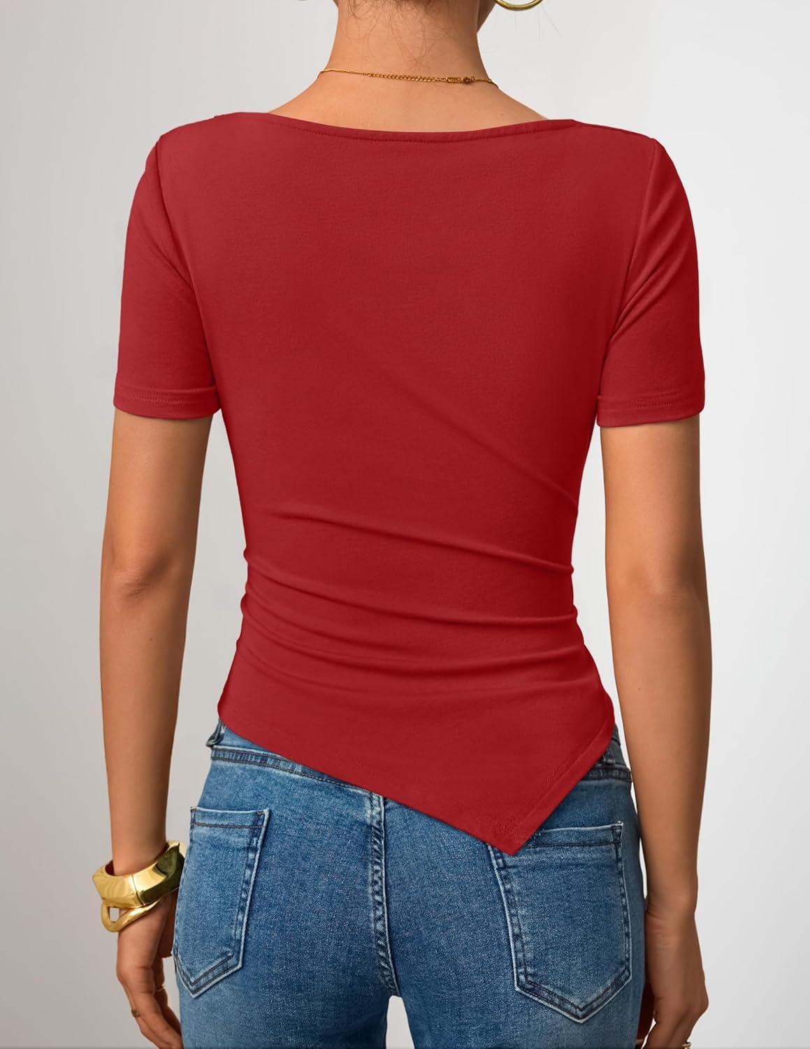 imageZESICA Ribbed Short Sleeve Shirts for Women 2026 Summer Fashion Going Out Tops Asymmetrical Ruched Outfits Y2K ClothesRed