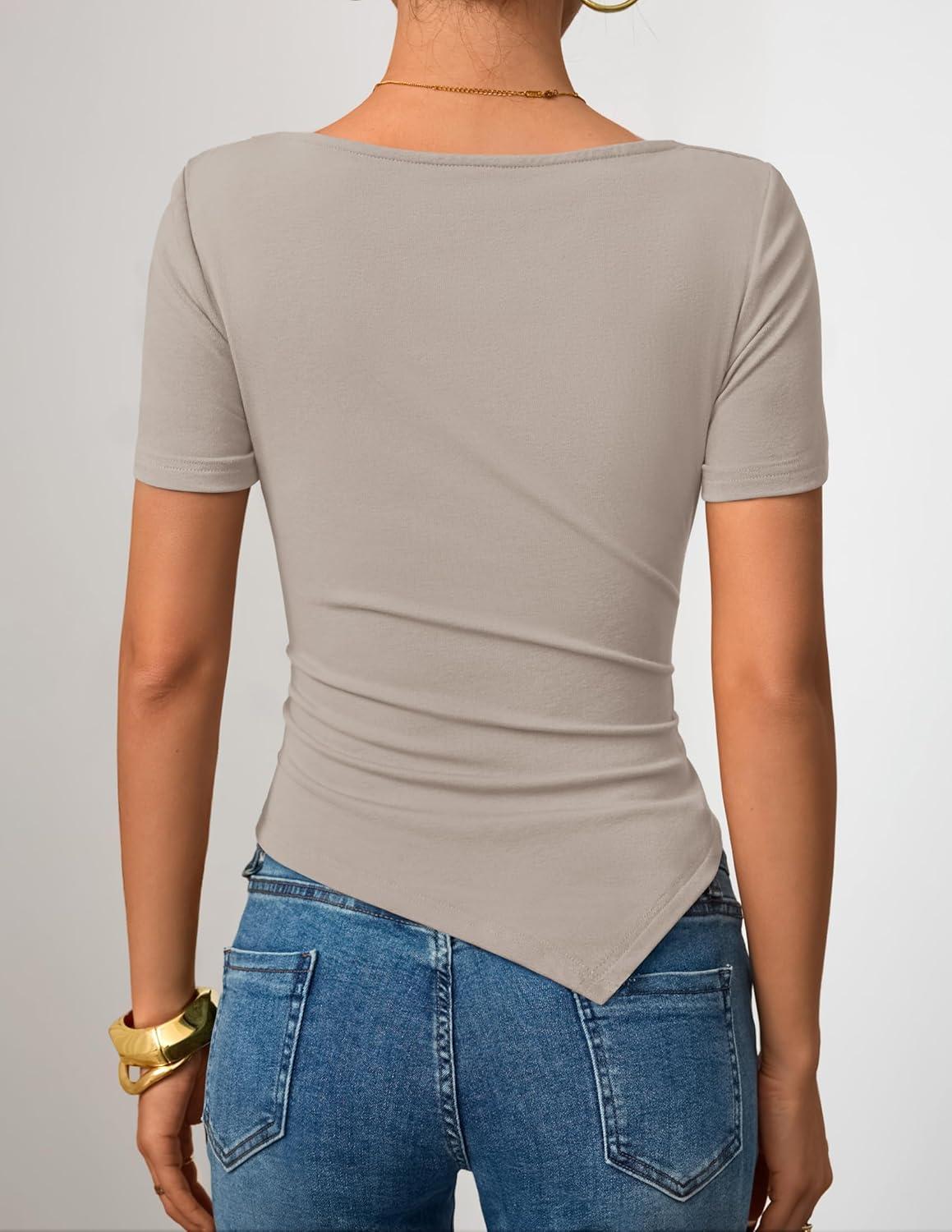 imageZESICA Ribbed Short Sleeve Shirts for Women 2026 Summer Fashion Going Out Tops Asymmetrical Ruched Outfits Y2K ClothesSand