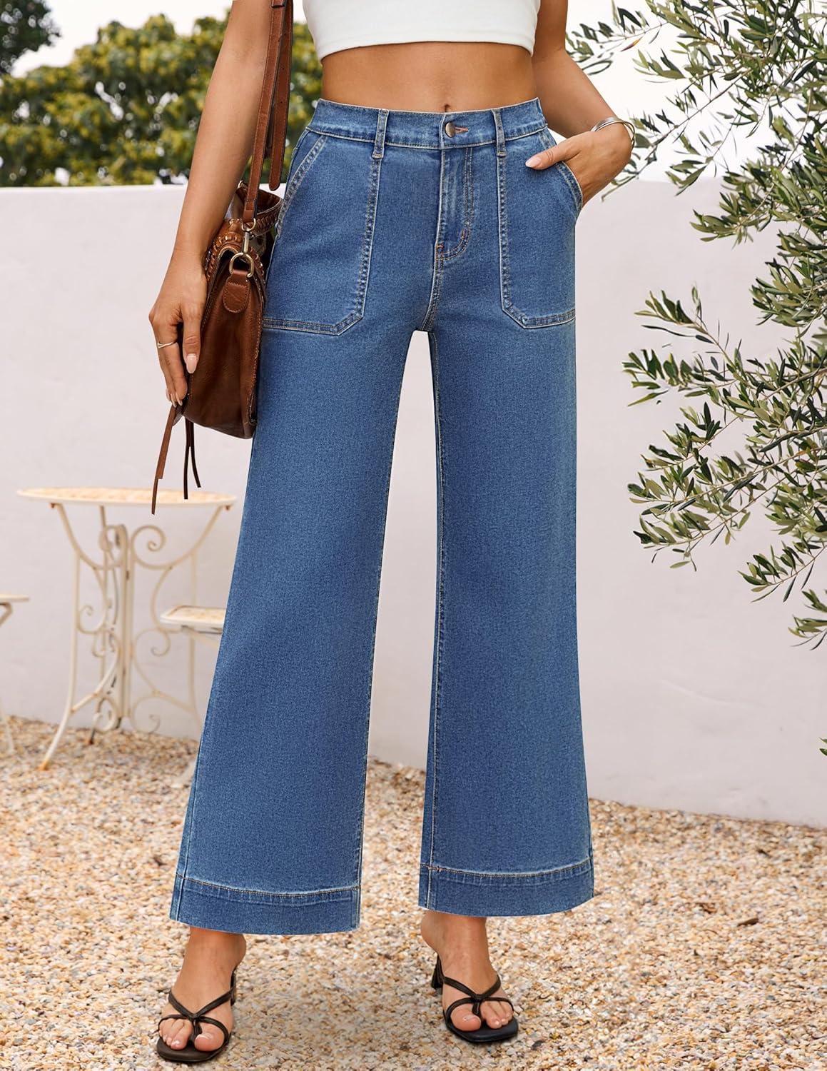 imageZESICA Wide Leg Jeans for Women Trendy High Waisted Strechy Loose Straight Denim Pants with PocketsBlue