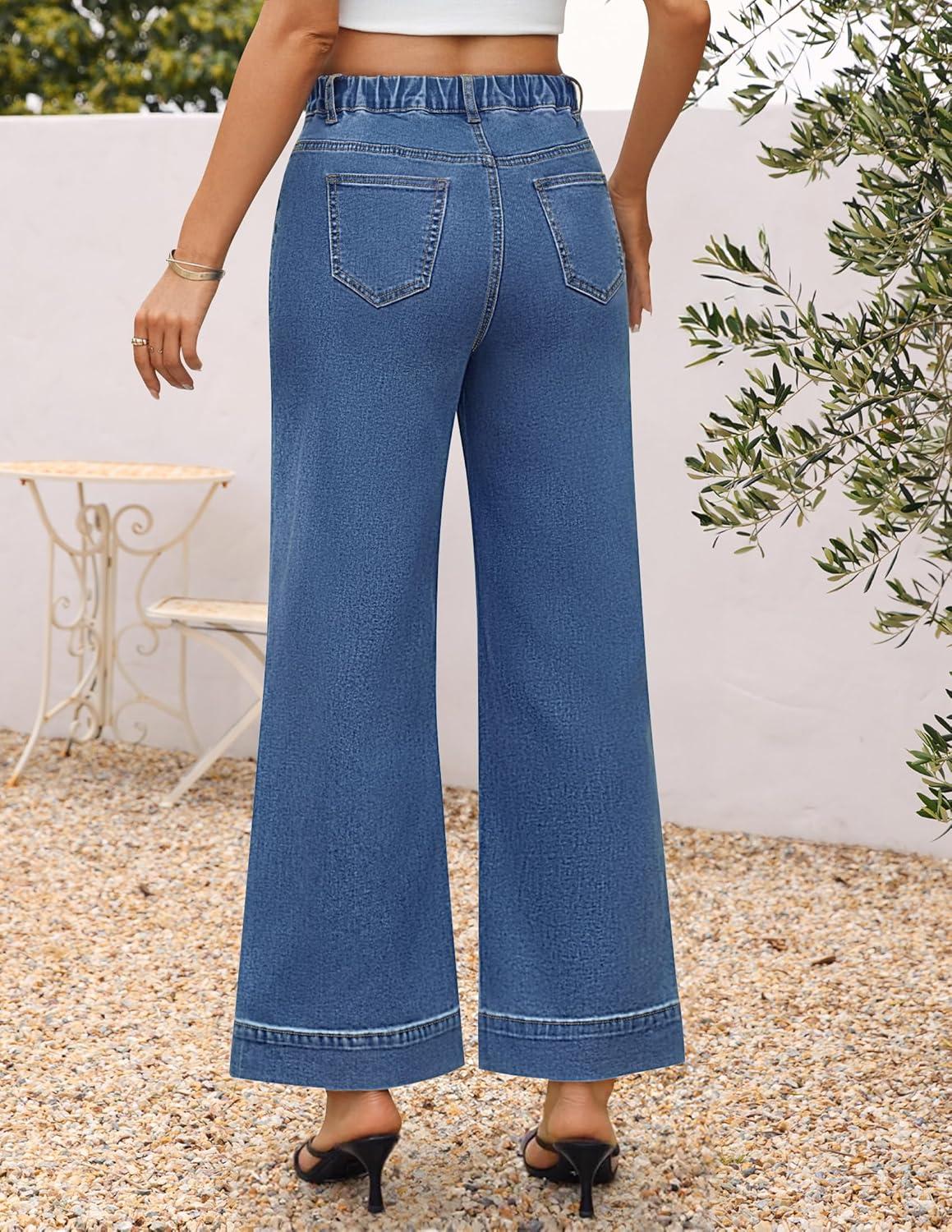imageZESICA Wide Leg Jeans for Women Trendy High Waisted Strechy Loose Straight Denim Pants with PocketsBlue