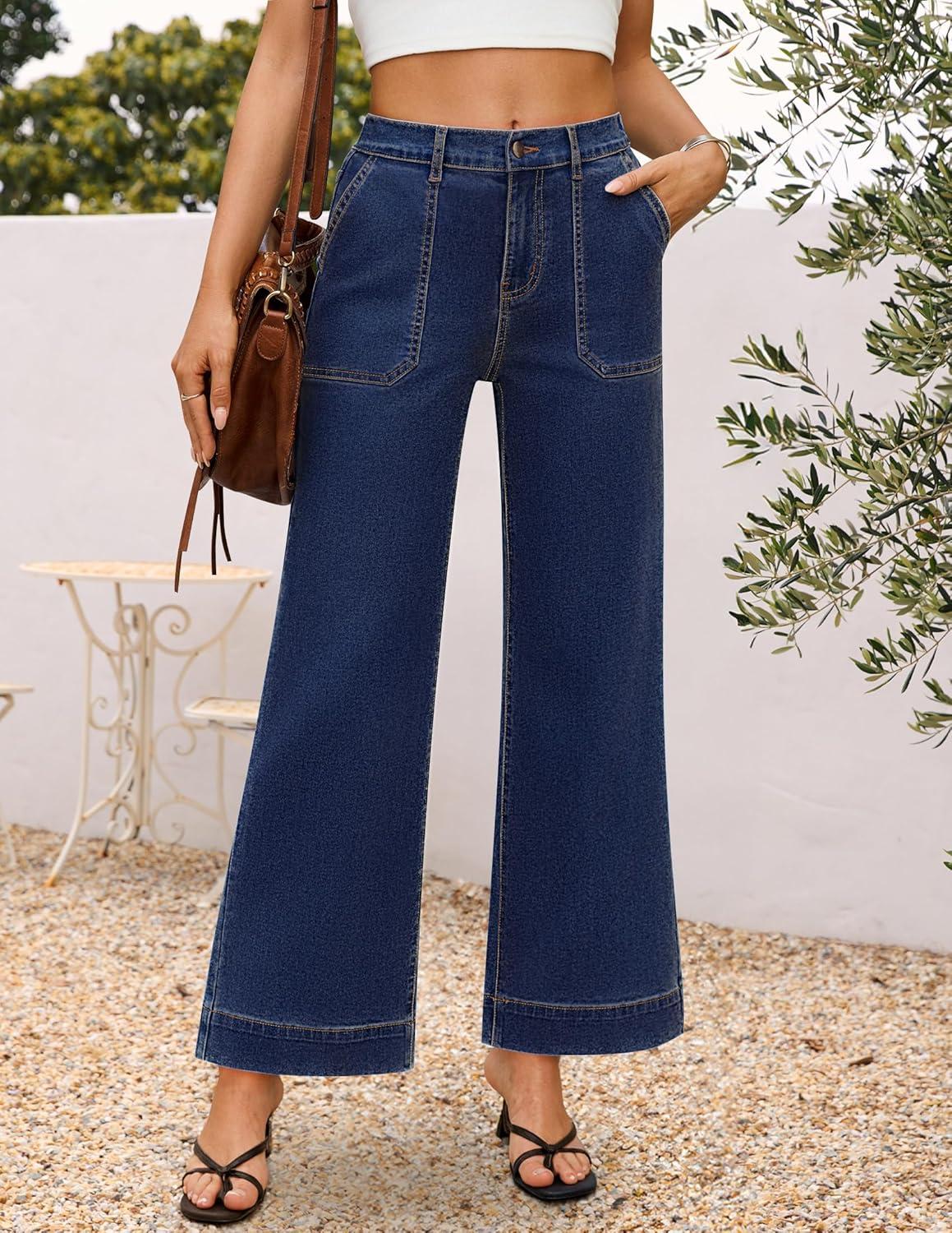 imageZESICA Wide Leg Jeans for Women Trendy High Waisted Strechy Loose Straight Denim Pants with PocketsDarkblue