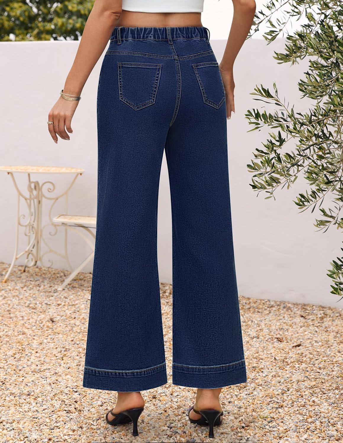 imageZESICA Wide Leg Jeans for Women Trendy High Waisted Strechy Loose Straight Denim Pants with PocketsDarkblue