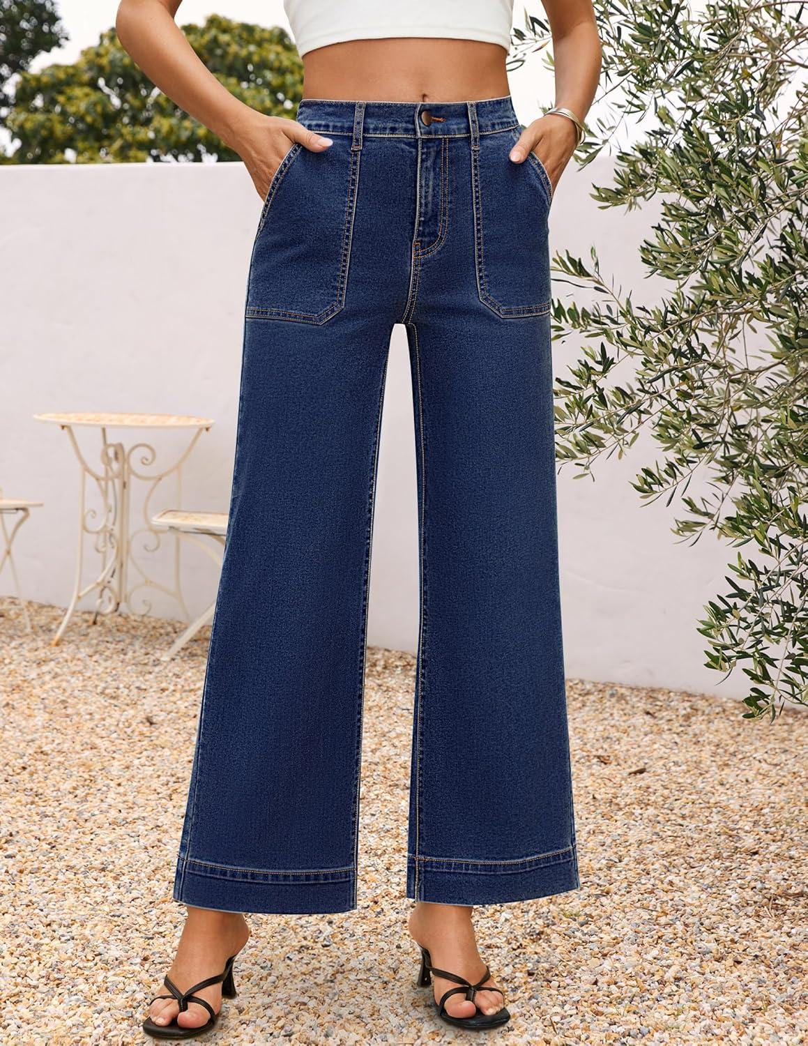 imageZESICA Wide Leg Jeans for Women Trendy High Waisted Strechy Loose Straight Denim Pants with PocketsDarkblue