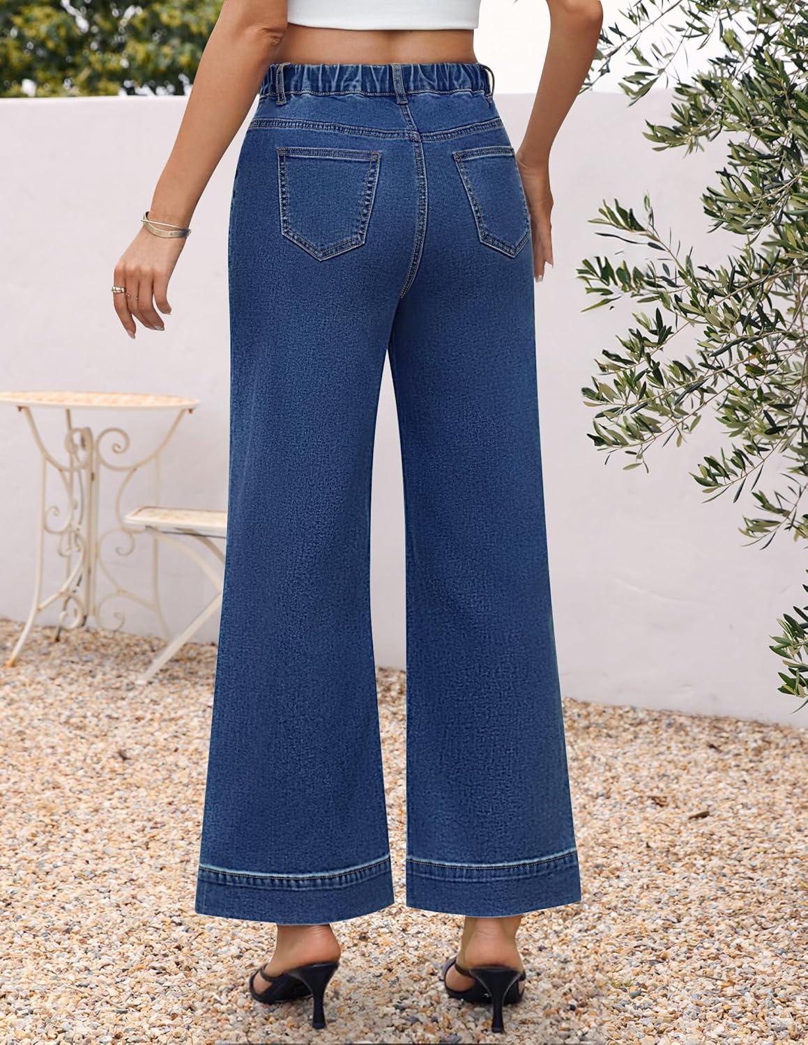 imageZESICA Wide Leg Jeans for Women Trendy High Waisted Strechy Loose Straight Denim Pants with PocketsSeablue