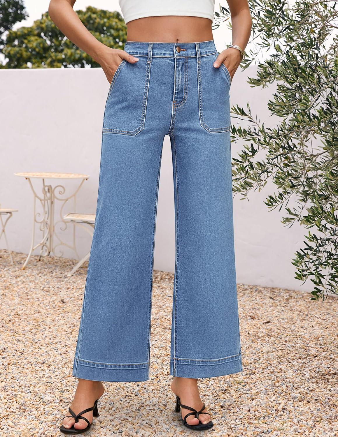 imageZESICA Wide Leg Jeans for Women Trendy High Waisted Strechy Loose Straight Denim Pants with PocketsSkyblue