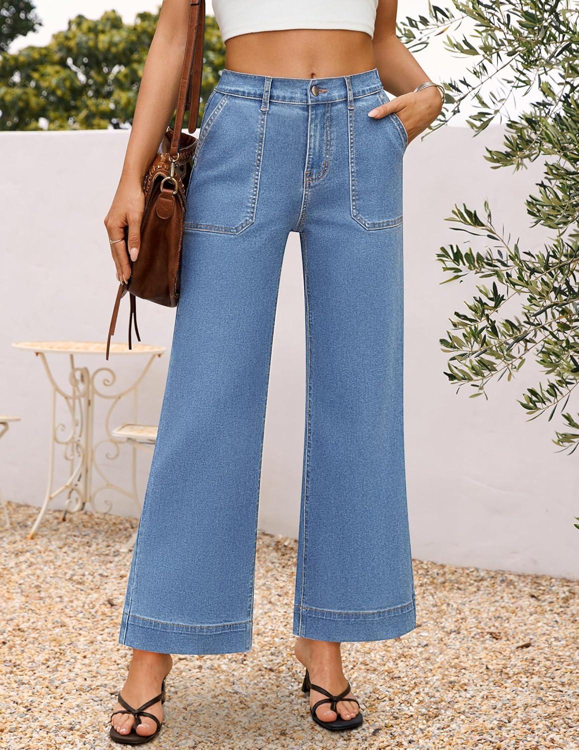 imageZESICA Wide Leg Jeans for Women Trendy High Waisted Strechy Loose Straight Denim Pants with PocketsSkyblue