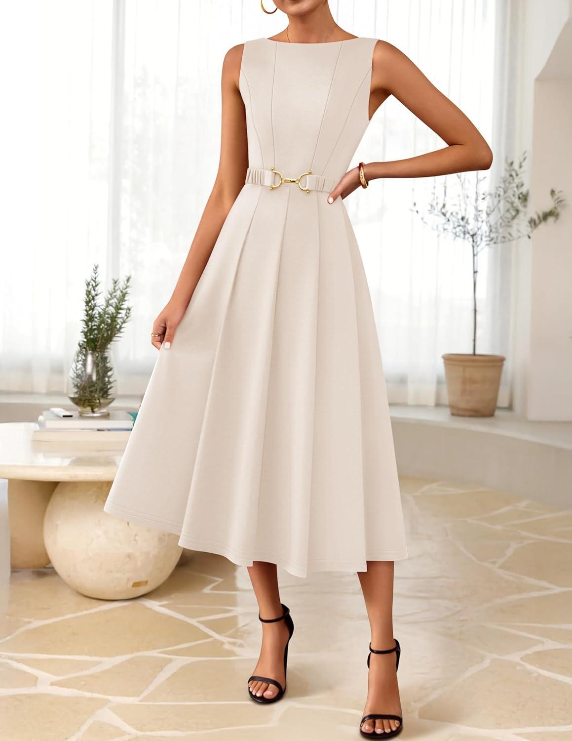 imageZESICA Women Summer Sleeveless Midi Dresses 2026 Elegant Boat Neck A Line Tie Waist Spring Cocktail Party DressApricot