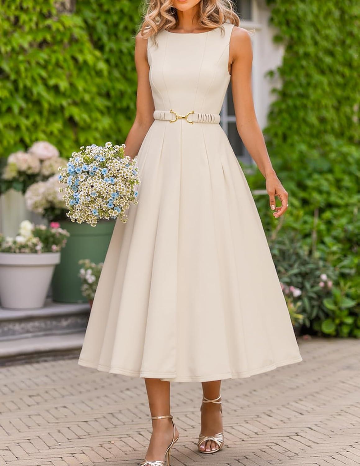 imageZESICA Women Summer Sleeveless Midi Dresses 2026 Elegant Boat Neck A Line Tie Waist Spring Cocktail Party DressApricot