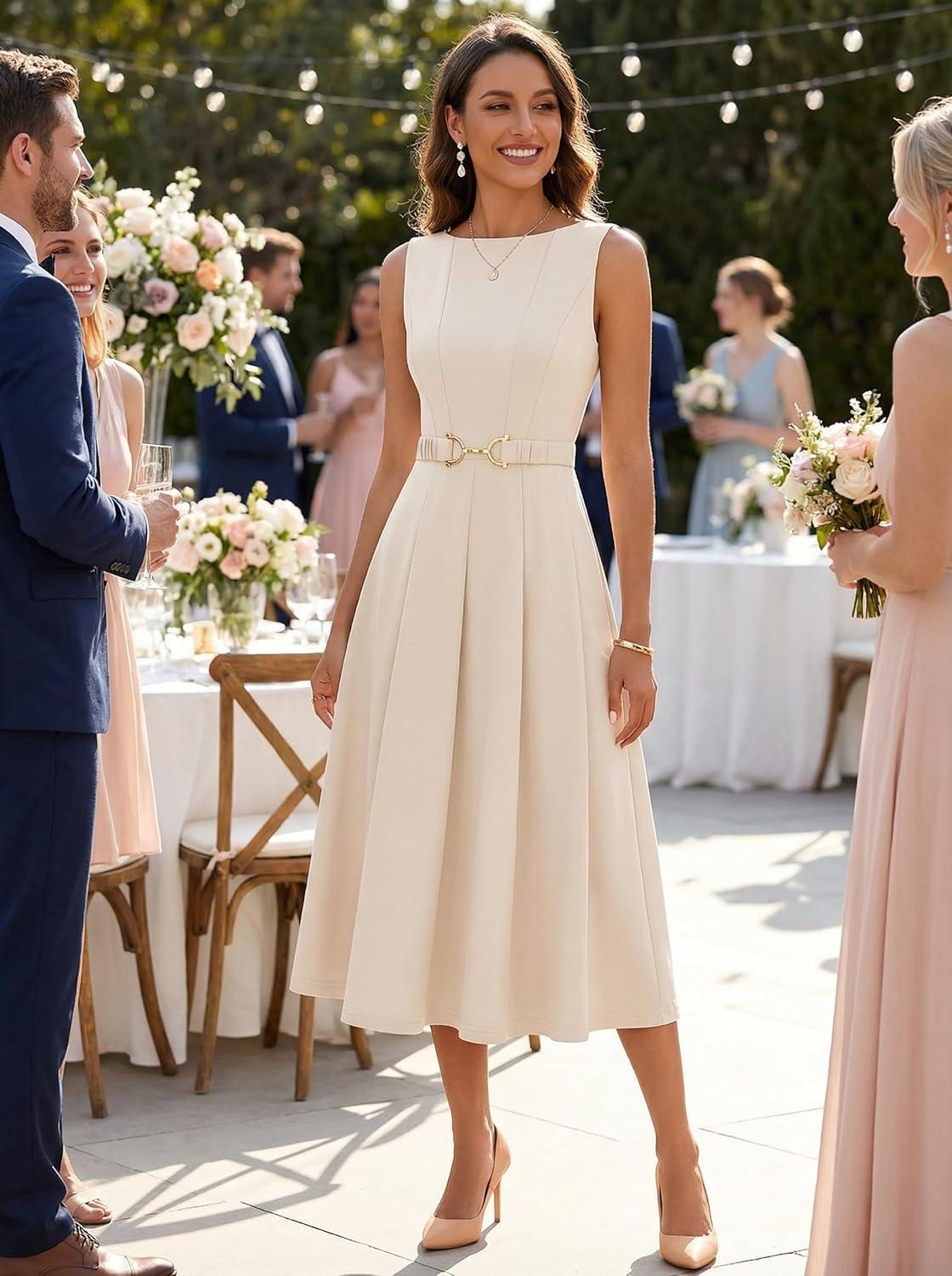 imageZESICA Women Summer Sleeveless Midi Dresses 2026 Elegant Boat Neck A Line Tie Waist Spring Cocktail Party DressApricot