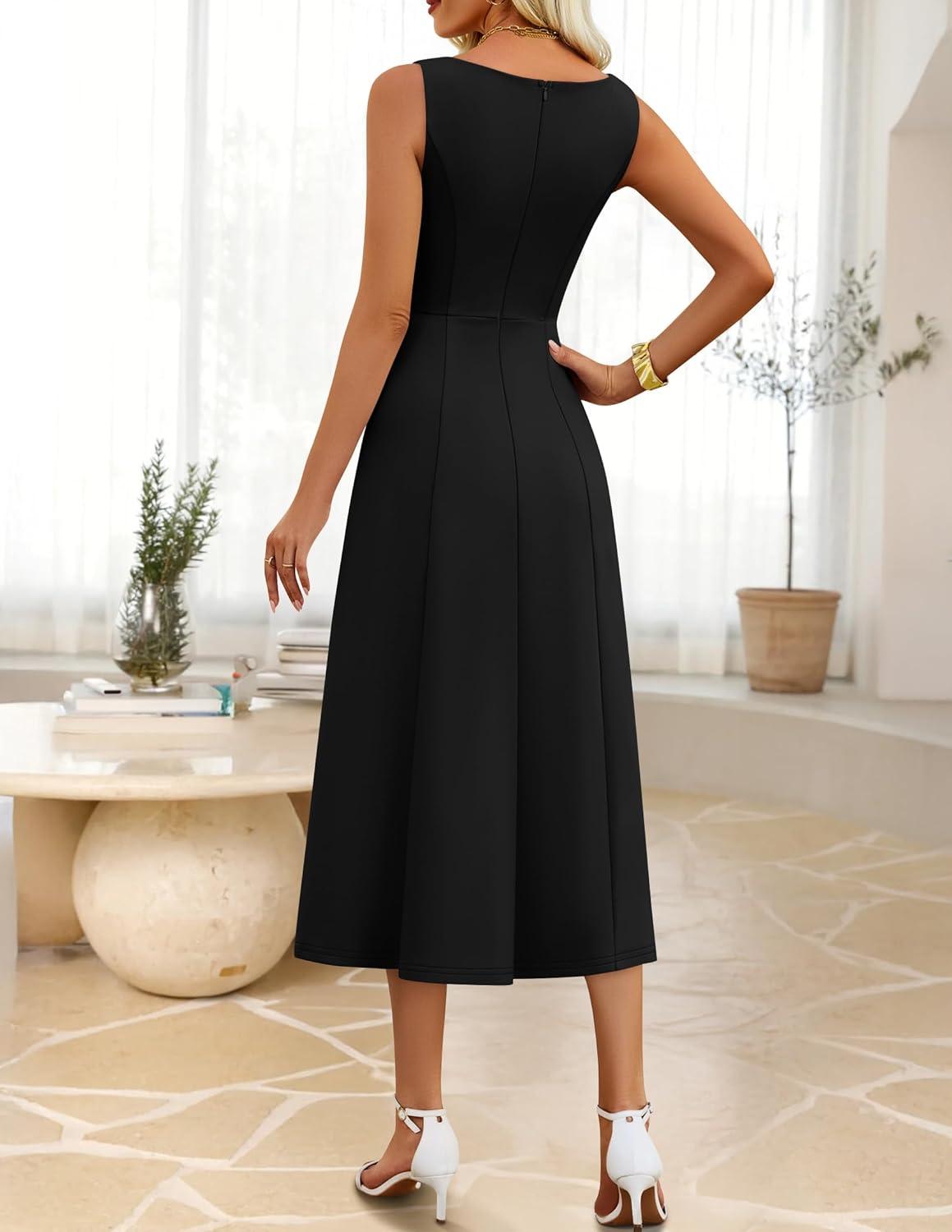 imageZESICA Women Summer Sleeveless Midi Dresses 2026 Elegant Boat Neck A Line Tie Waist Spring Cocktail Party DressBlack