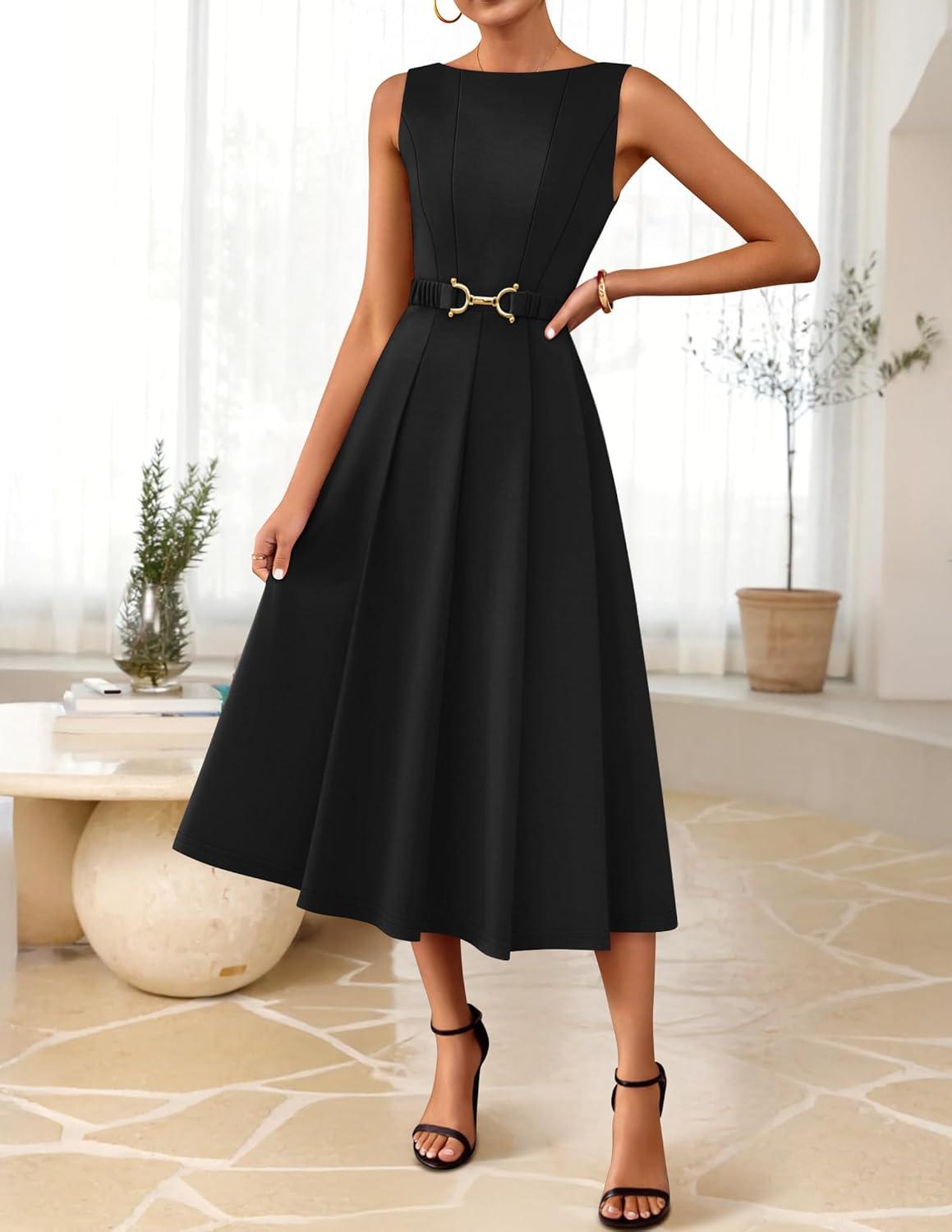 imageZESICA Women Summer Sleeveless Midi Dresses 2026 Elegant Boat Neck A Line Tie Waist Spring Cocktail Party DressBlack