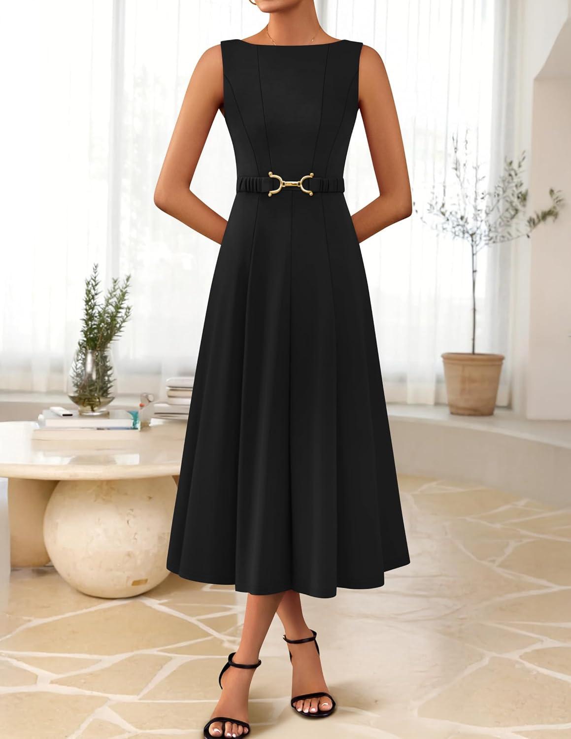 imageZESICA Women Summer Sleeveless Midi Dresses 2026 Elegant Boat Neck A Line Tie Waist Spring Cocktail Party DressBlack