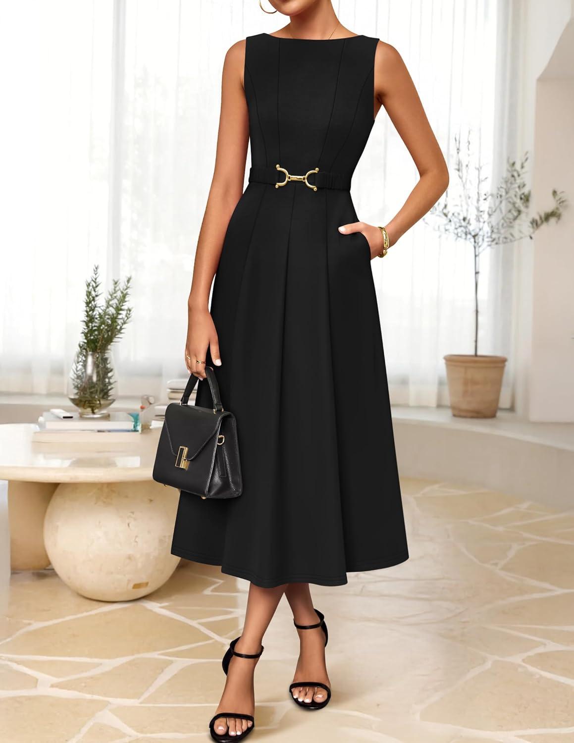 imageZESICA Women Summer Sleeveless Midi Dresses 2026 Elegant Boat Neck A Line Tie Waist Spring Cocktail Party DressBlack