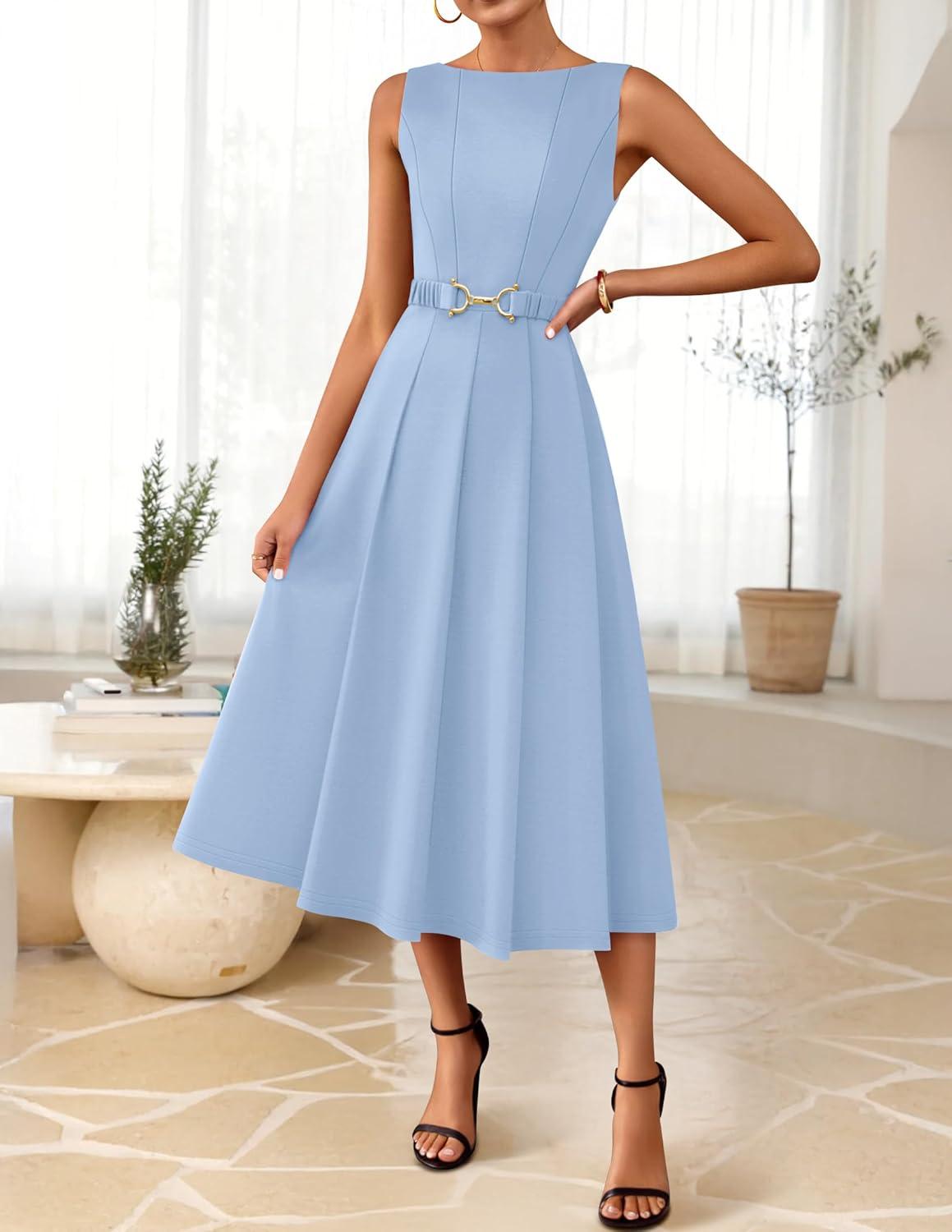 imageZESICA Women Summer Sleeveless Midi Dresses 2026 Elegant Boat Neck A Line Tie Waist Spring Cocktail Party DressBlue