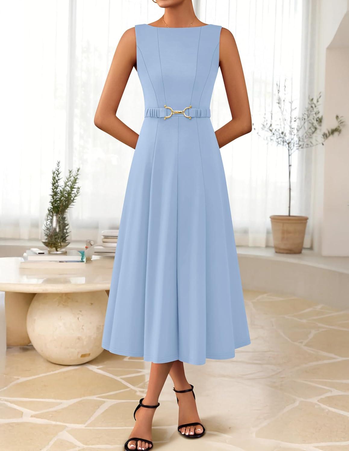 imageZESICA Women Summer Sleeveless Midi Dresses 2026 Elegant Boat Neck A Line Tie Waist Spring Cocktail Party DressBlue