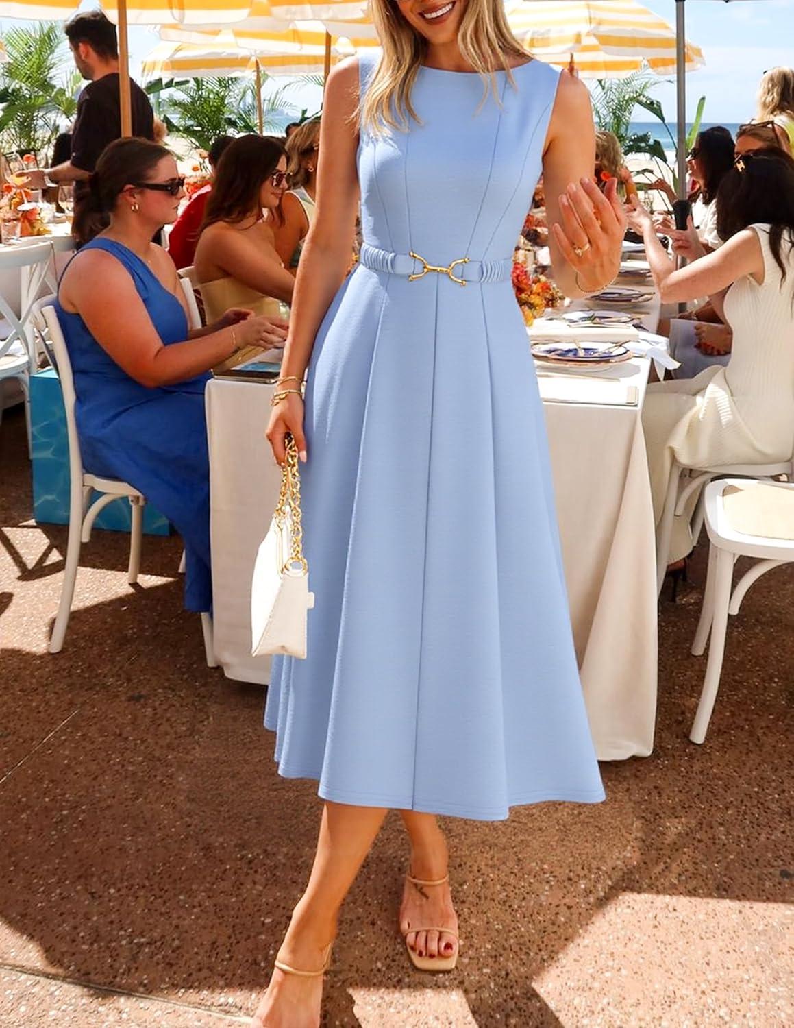 imageZESICA Women Summer Sleeveless Midi Dresses 2026 Elegant Boat Neck A Line Tie Waist Spring Cocktail Party DressBlue