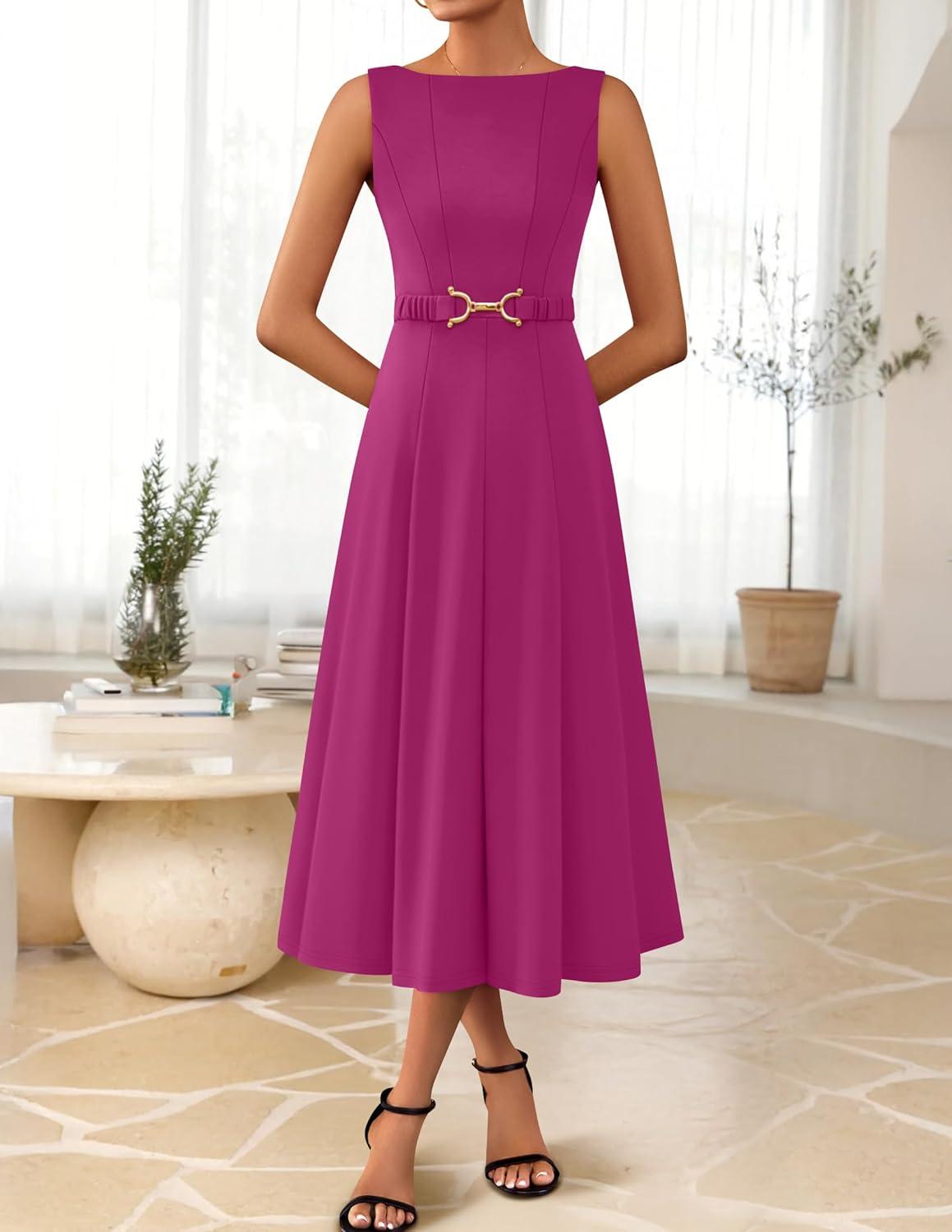 imageZESICA Women Summer Sleeveless Midi Dresses 2026 Elegant Boat Neck A Line Tie Waist Spring Cocktail Party DressFuchsia