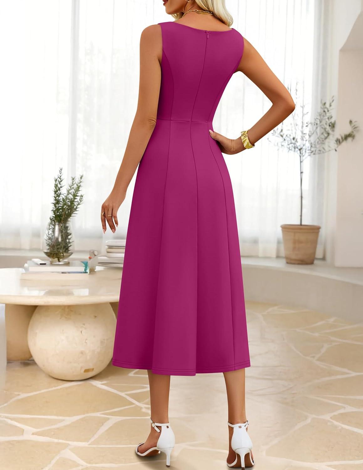 imageZESICA Women Summer Sleeveless Midi Dresses 2026 Elegant Boat Neck A Line Tie Waist Spring Cocktail Party DressFuchsia