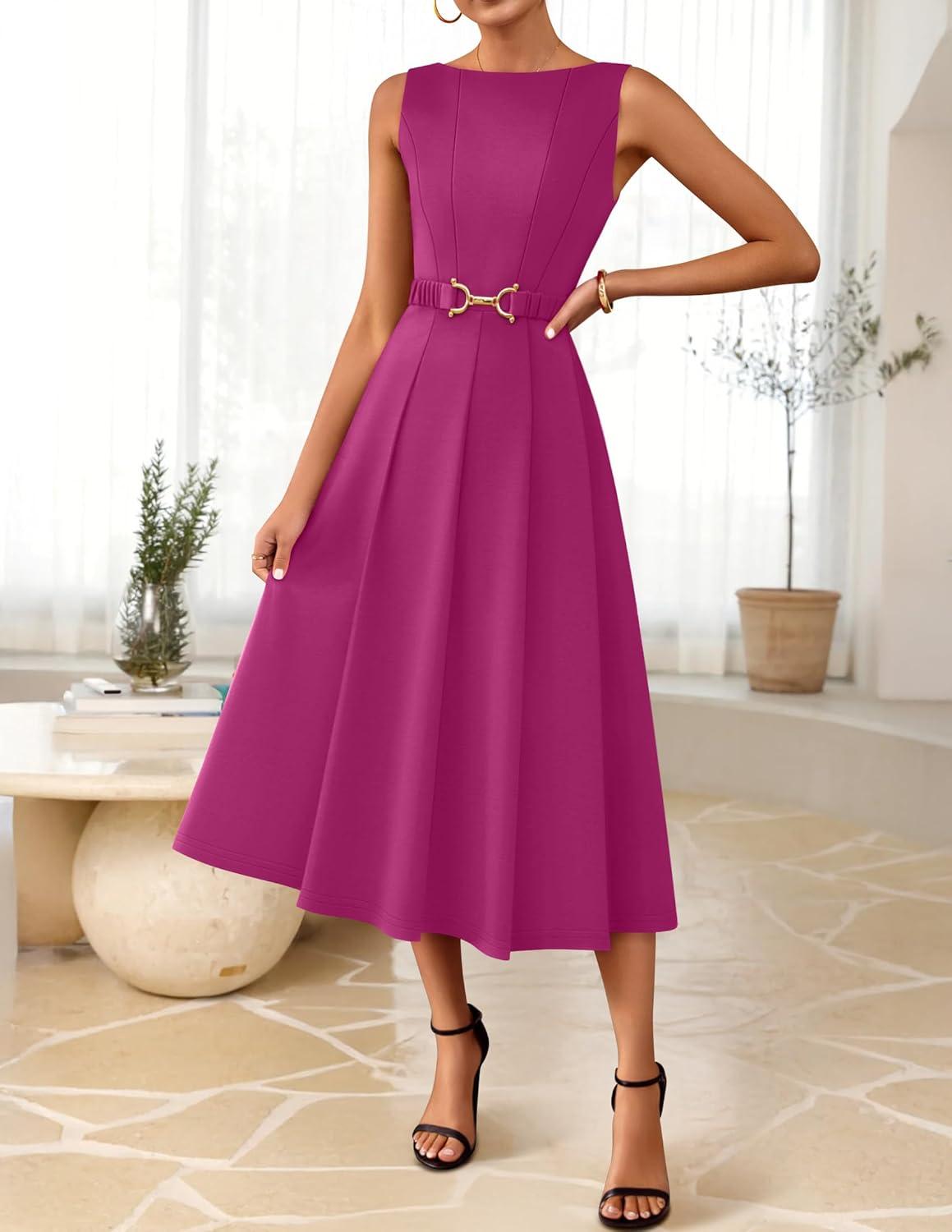 imageZESICA Women Summer Sleeveless Midi Dresses 2026 Elegant Boat Neck A Line Tie Waist Spring Cocktail Party DressFuchsia