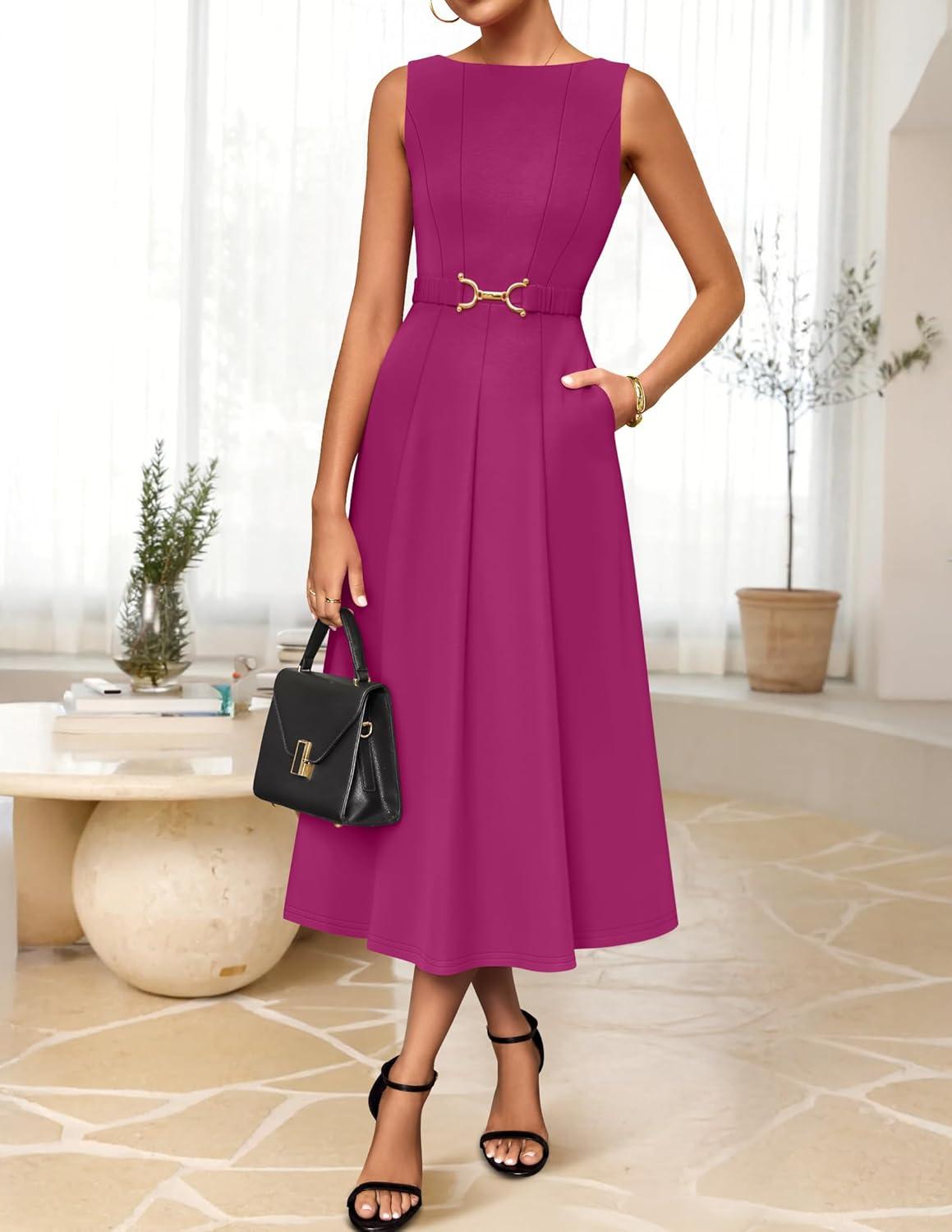imageZESICA Women Summer Sleeveless Midi Dresses 2026 Elegant Boat Neck A Line Tie Waist Spring Cocktail Party DressFuchsia