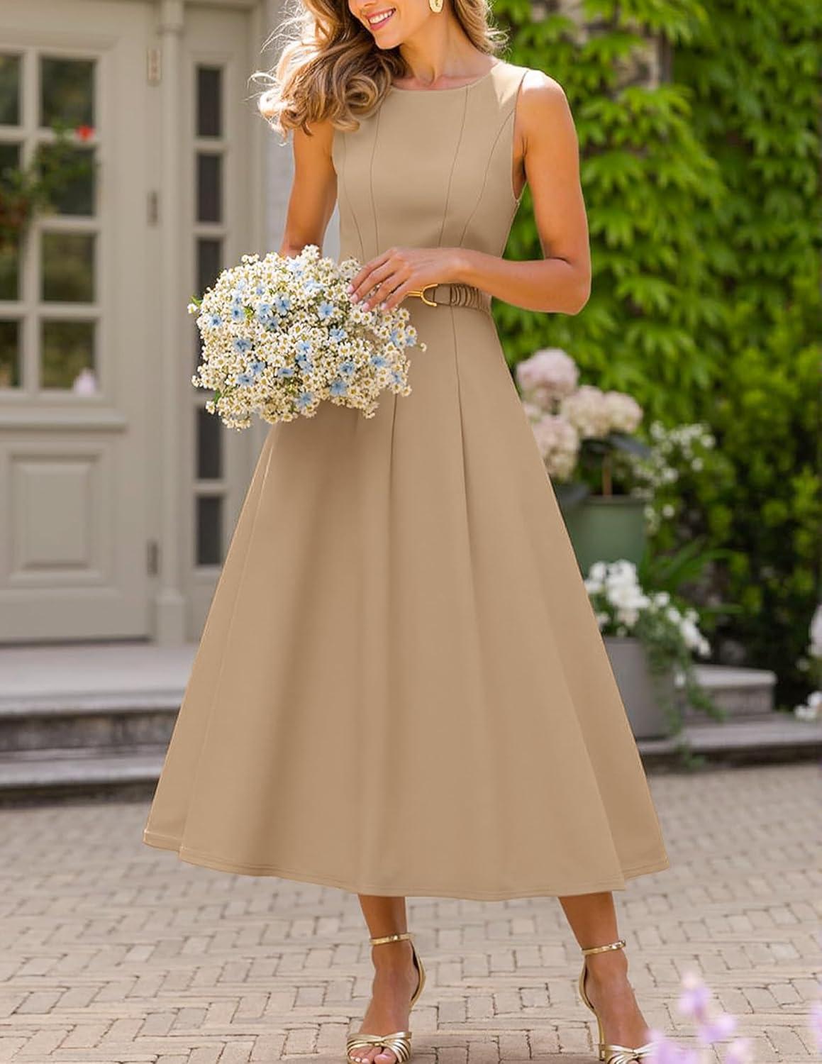 imageZESICA Women Summer Sleeveless Midi Dresses 2026 Elegant Boat Neck A Line Tie Waist Spring Cocktail Party DressKhaki