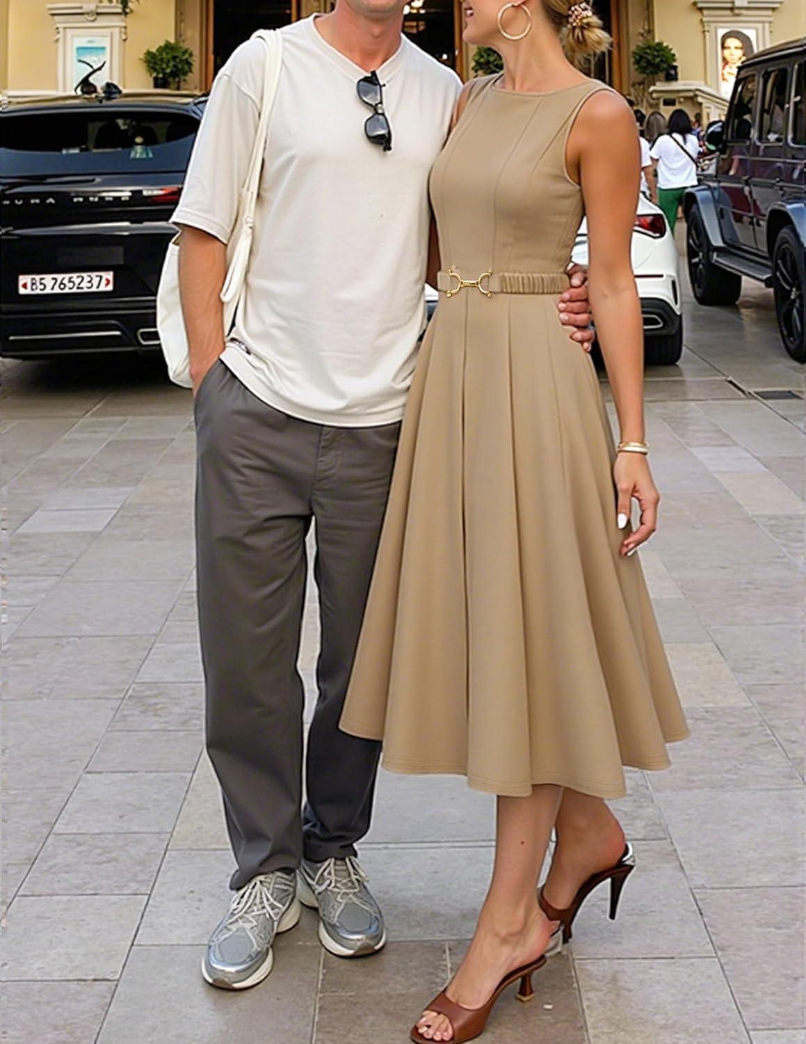 imageZESICA Women Summer Sleeveless Midi Dresses 2026 Elegant Boat Neck A Line Tie Waist Spring Cocktail Party DressKhaki