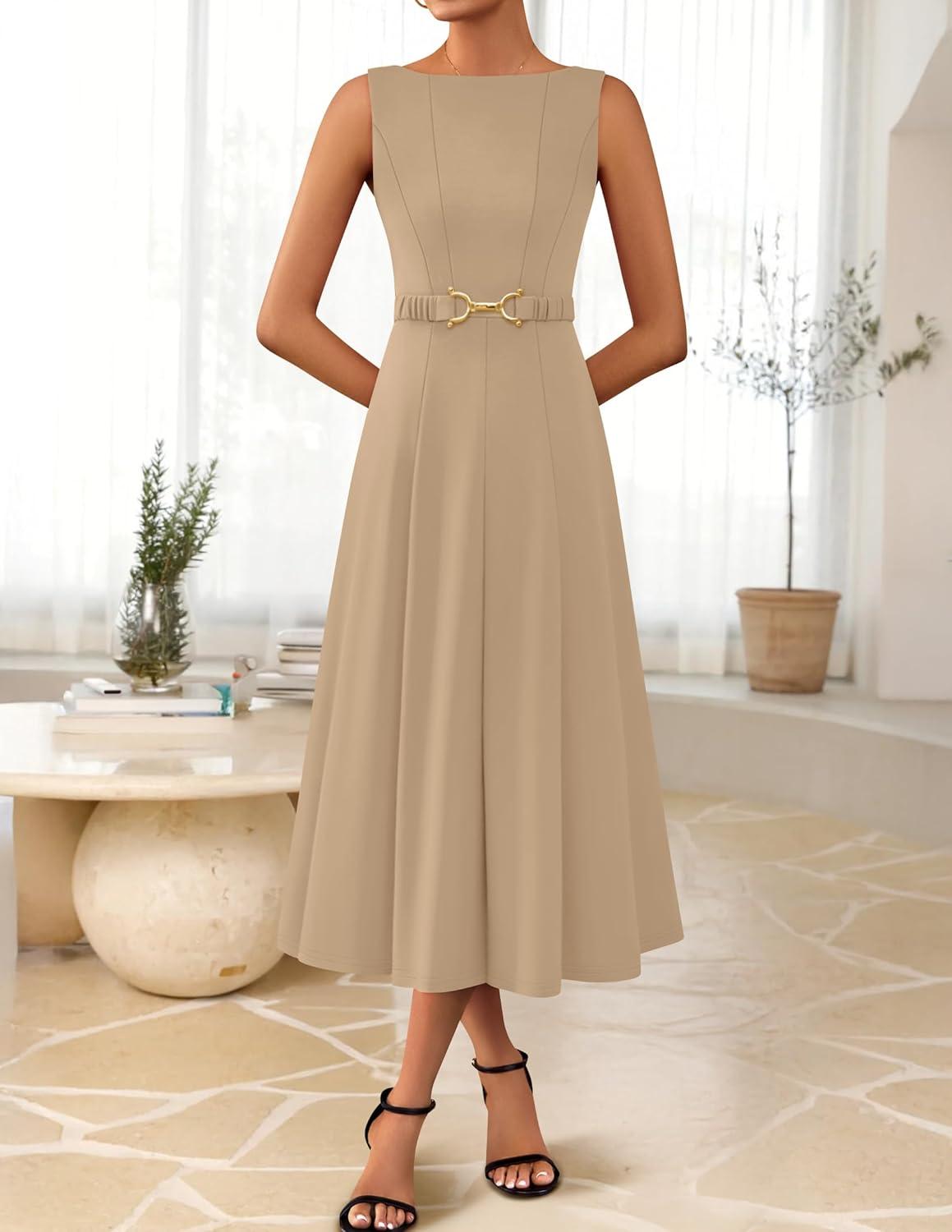 imageZESICA Women Summer Sleeveless Midi Dresses 2026 Elegant Boat Neck A Line Tie Waist Spring Cocktail Party DressKhaki