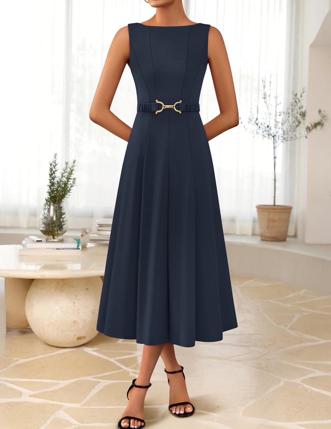imageZESICA Women Summer Sleeveless Midi Dresses 2026 Elegant Boat Neck A Line Tie Waist Spring Cocktail Party DressNavy