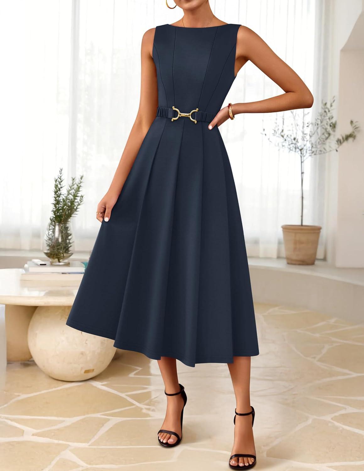 imageZESICA Women Summer Sleeveless Midi Dresses 2026 Elegant Boat Neck A Line Tie Waist Spring Cocktail Party DressNavy