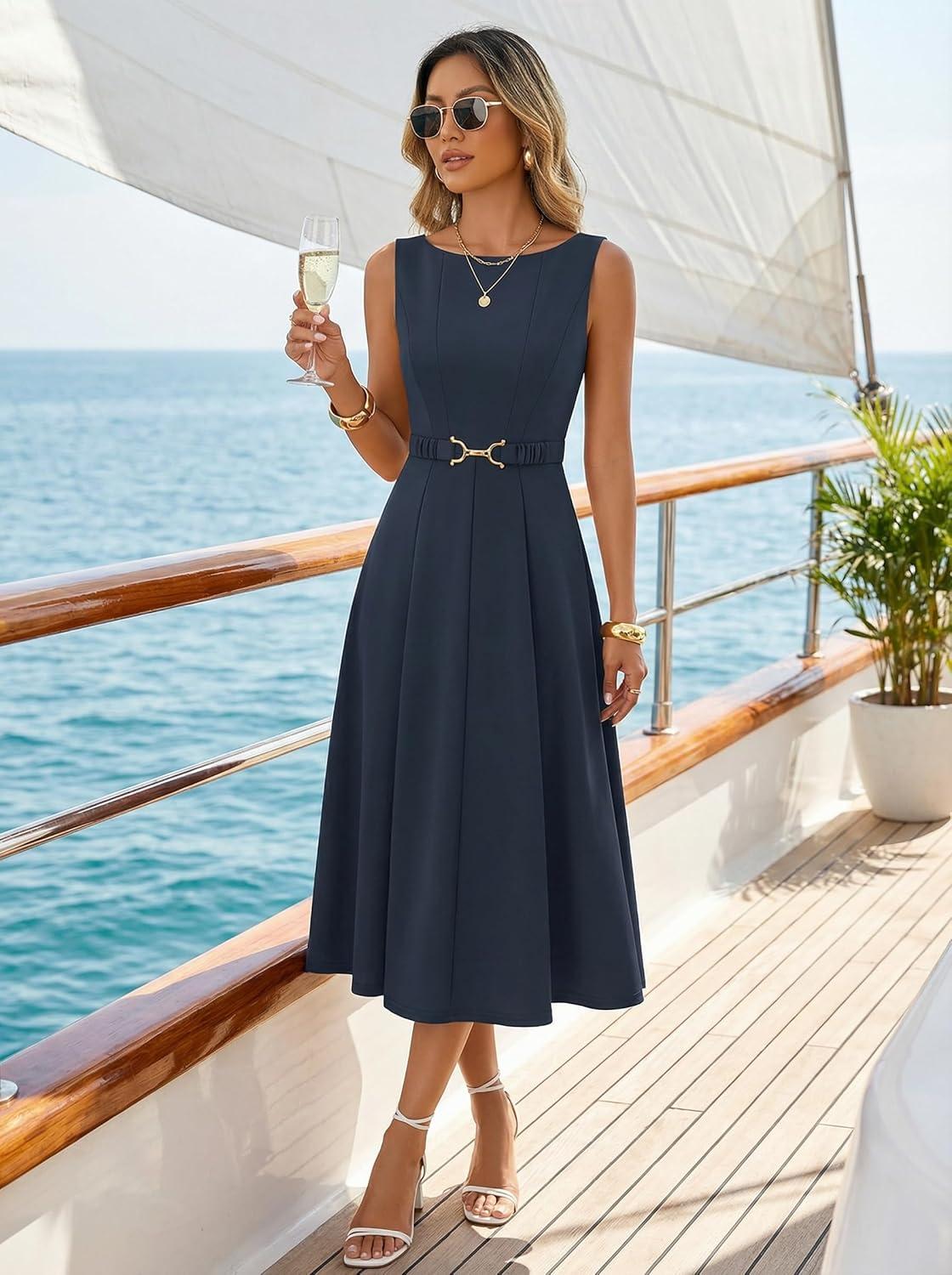 imageZESICA Women Summer Sleeveless Midi Dresses 2026 Elegant Boat Neck A Line Tie Waist Spring Cocktail Party DressNavy