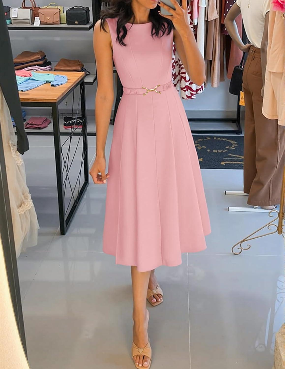 imageZESICA Women Summer Sleeveless Midi Dresses 2026 Elegant Boat Neck A Line Tie Waist Spring Cocktail Party DressPink