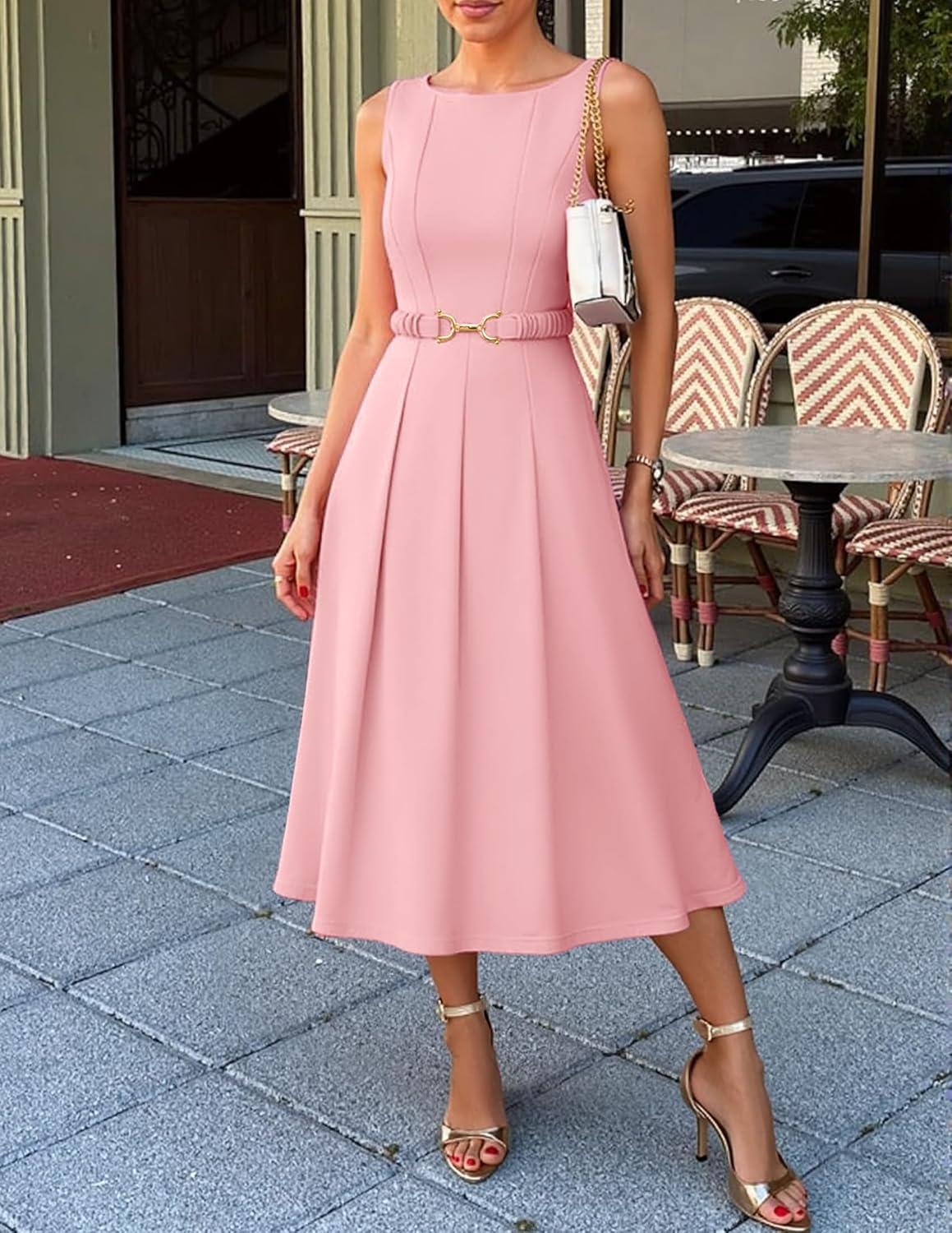 imageZESICA Women Summer Sleeveless Midi Dresses 2026 Elegant Boat Neck A Line Tie Waist Spring Cocktail Party DressPink