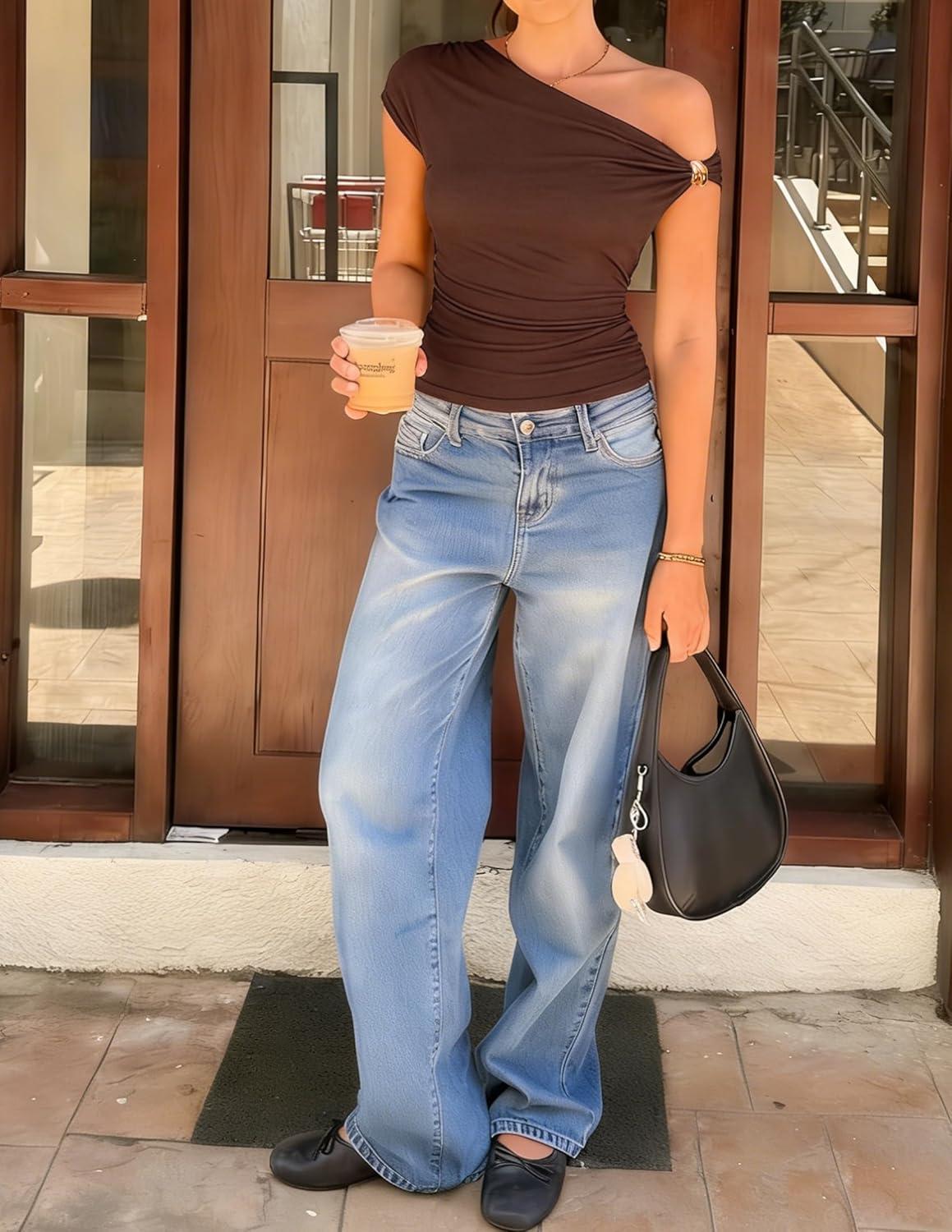 imageZESICA Womens 2026 Summer Off Shoulder Tops Going Out Sexy Y2k Shirts Spring Cap Sleeve Ruched Asymmetrical BlousesBrown