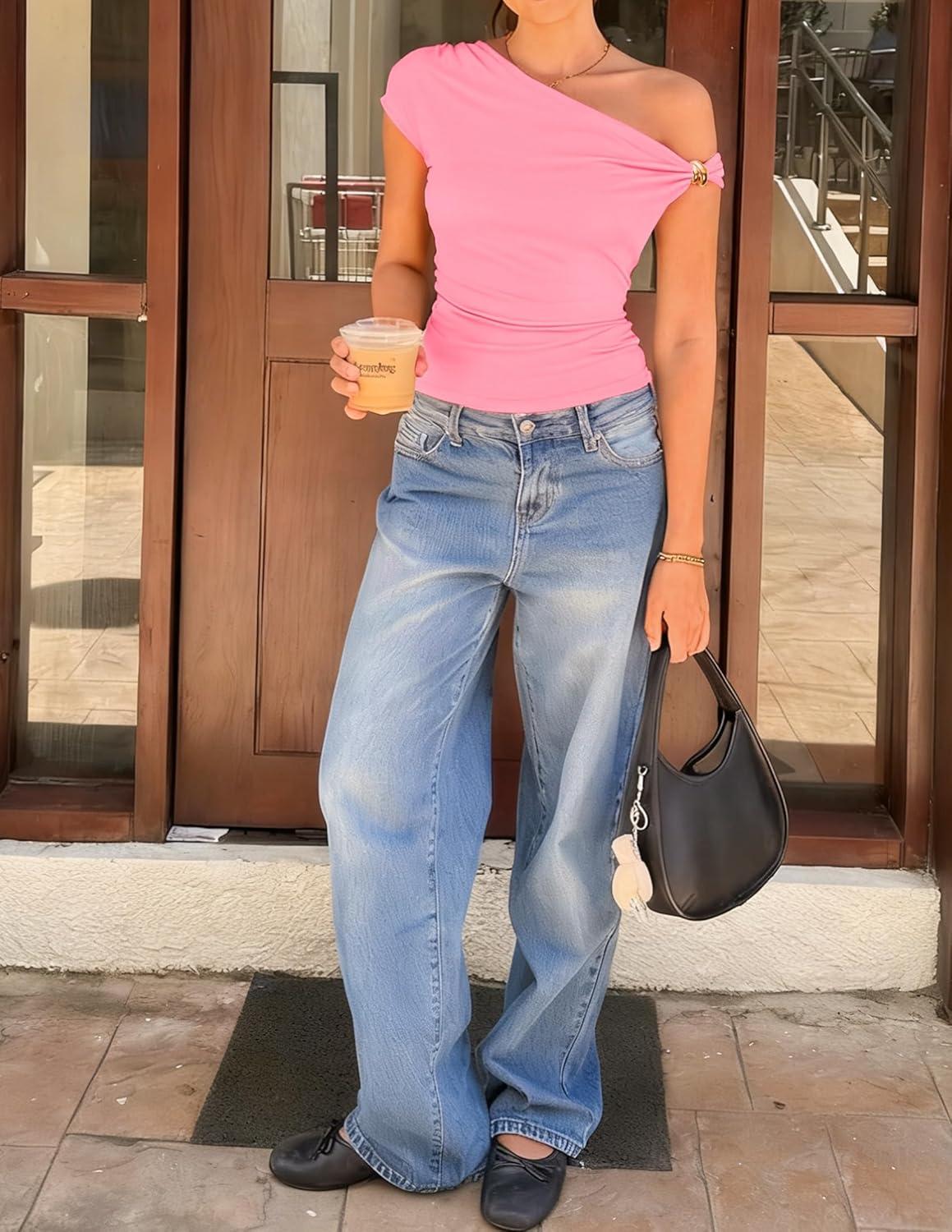 imageZESICA Womens 2026 Summer Off Shoulder Tops Going Out Sexy Y2k Shirts Spring Cap Sleeve Ruched Asymmetrical BlousesPink