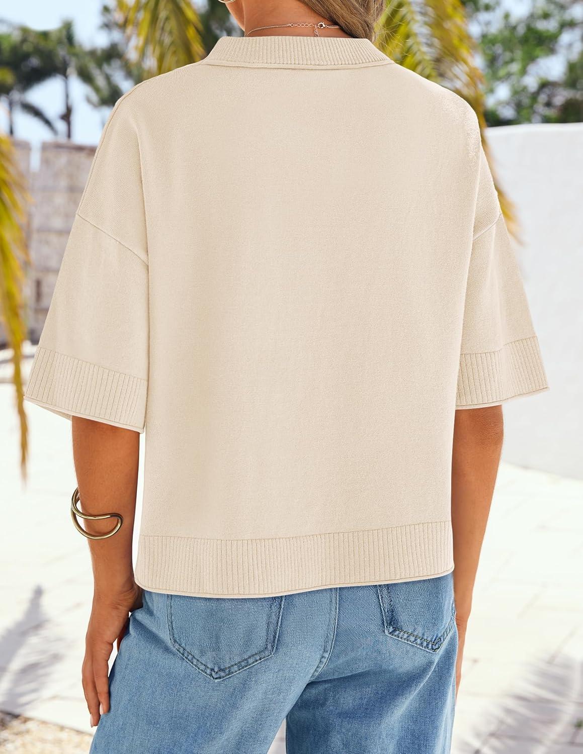 imageZESICA Womens Casual Short Sleeve Sweaters 2026 Summer Oversized Crewneck Soft Knit Cropped Tops Trendy OutfitsBeige