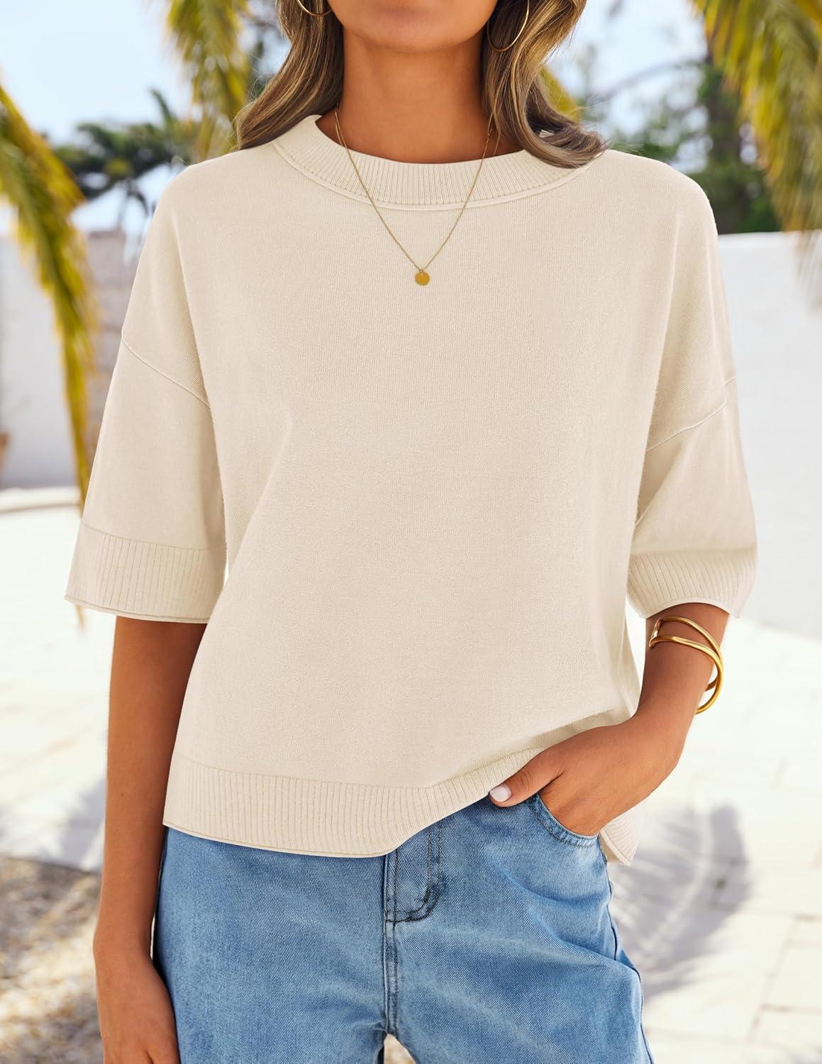 imageZESICA Womens Casual Short Sleeve Sweaters 2026 Summer Oversized Crewneck Soft Knit Cropped Tops Trendy OutfitsBeige