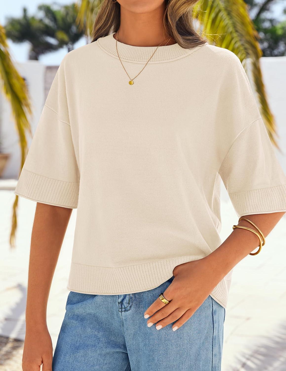imageZESICA Womens Casual Short Sleeve Sweaters 2026 Summer Oversized Crewneck Soft Knit Cropped Tops Trendy OutfitsBeige